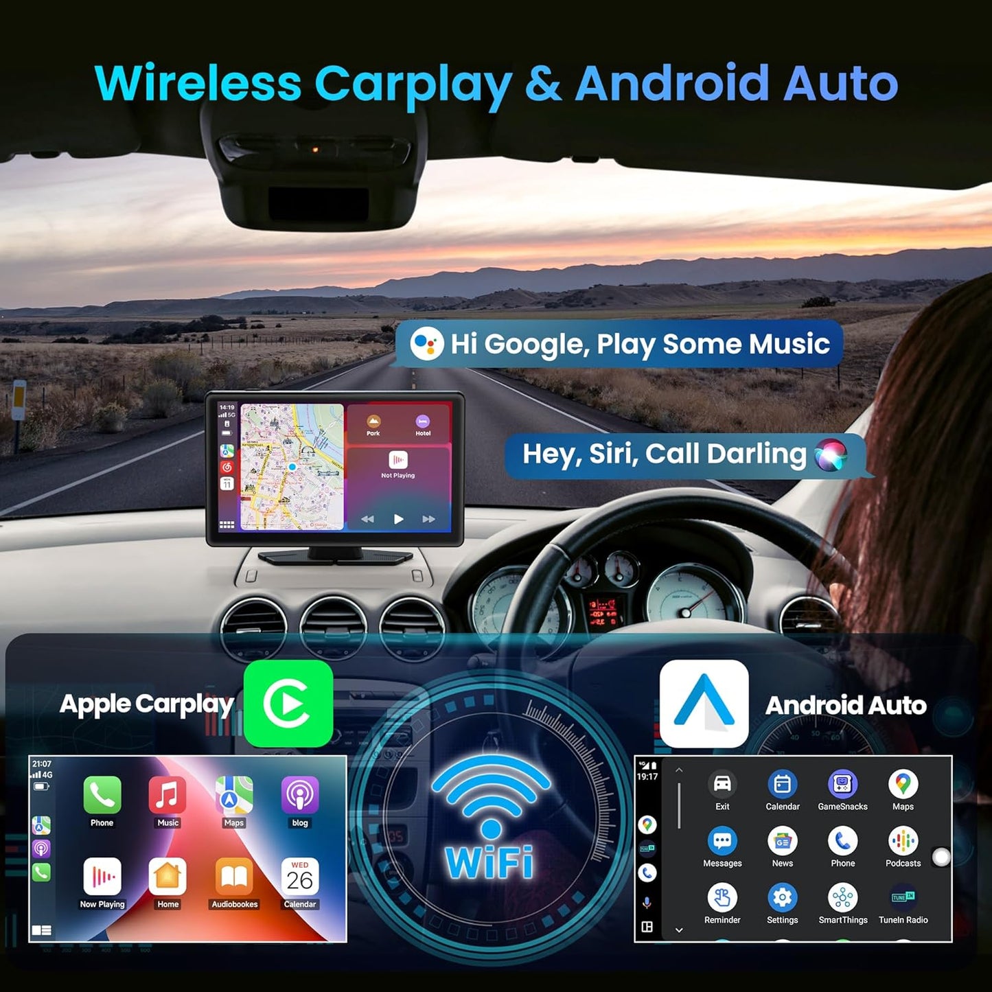BIGASUO Apple Carplay & Android Auto Screen for Car 4K Dash Cam, 9" HD Touchscreen with 1080P Backup Camera, GPS Navigation/Mirror Link/Voice Control/Bluetooth Fits All Cars