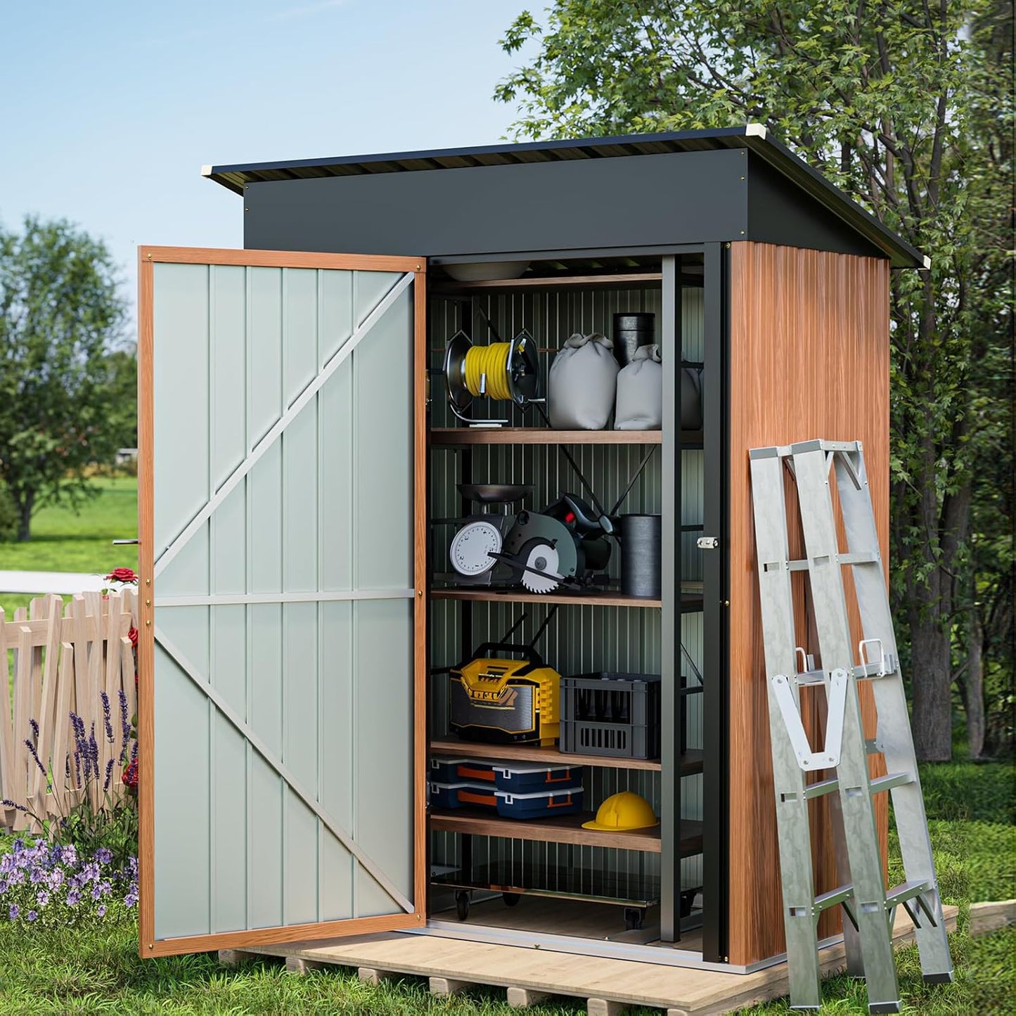 5x3 Ft Storage Shed, Outdoor Metal Shed with Floor Base& Lock, Small Lean to Shed, Compact Vertical Outside Bike Tiny House for Garden, Backyard, Patio, Tool