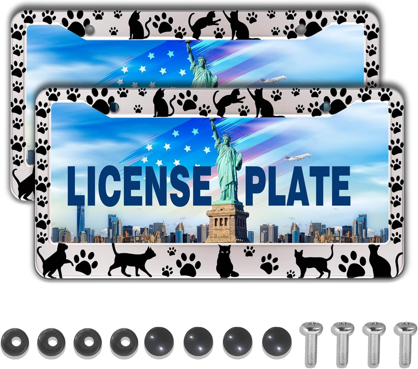 License Plate Frames Black and White License Plate Cover Kitty Cat Pawprints Aluminum Metal Car Accessory 2 Pack with Screw Covers Set