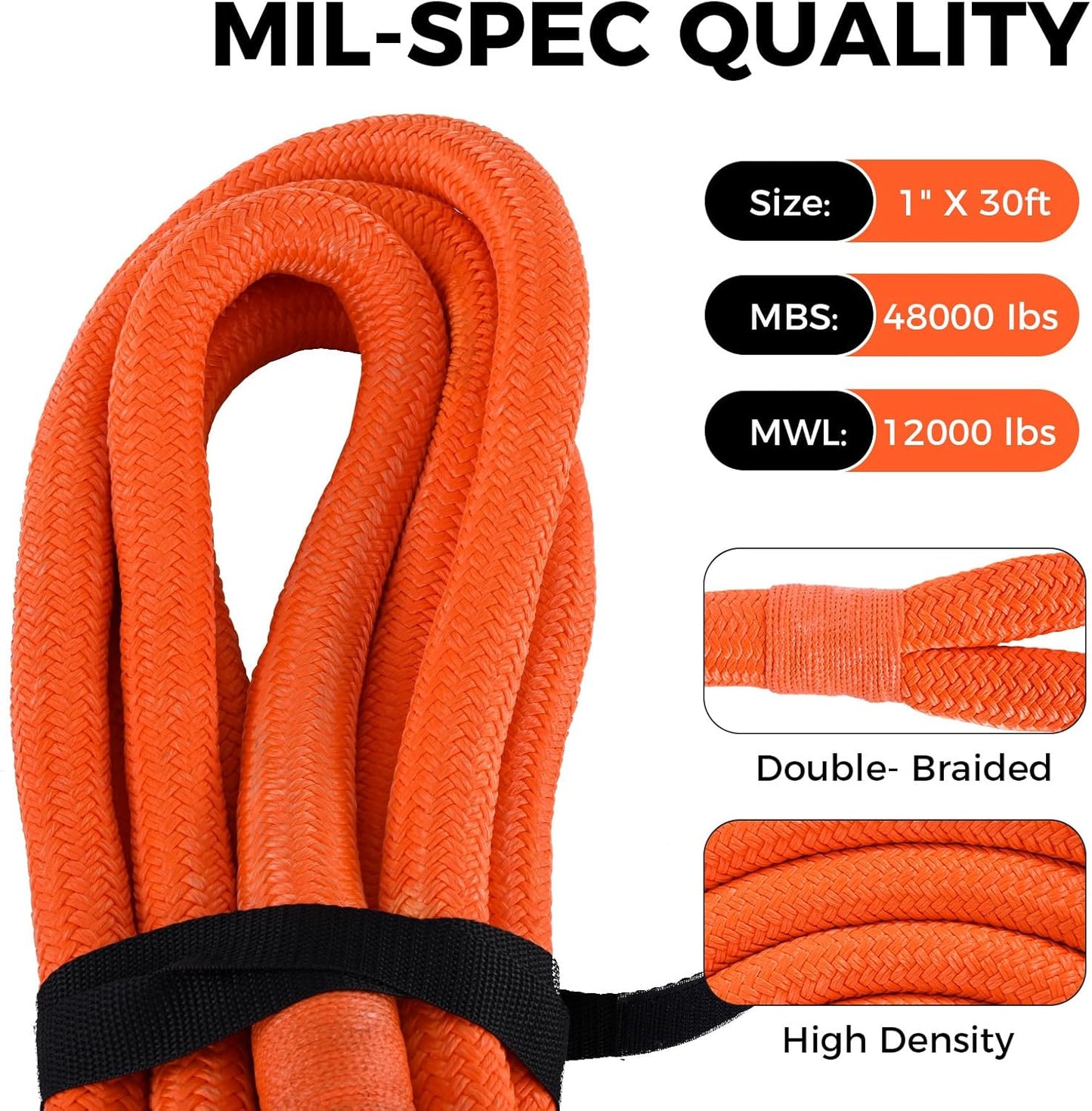 Kinetic Recovery Tow Rope, 48000LBS Snatch Strap with Soft Shackles, Extreme Duty 30% Elasticity Energy Offroad Towing Straps Kit for Car Jeep Trucks SUV UTV ATV Tractor - 1" x 20ft, Orange