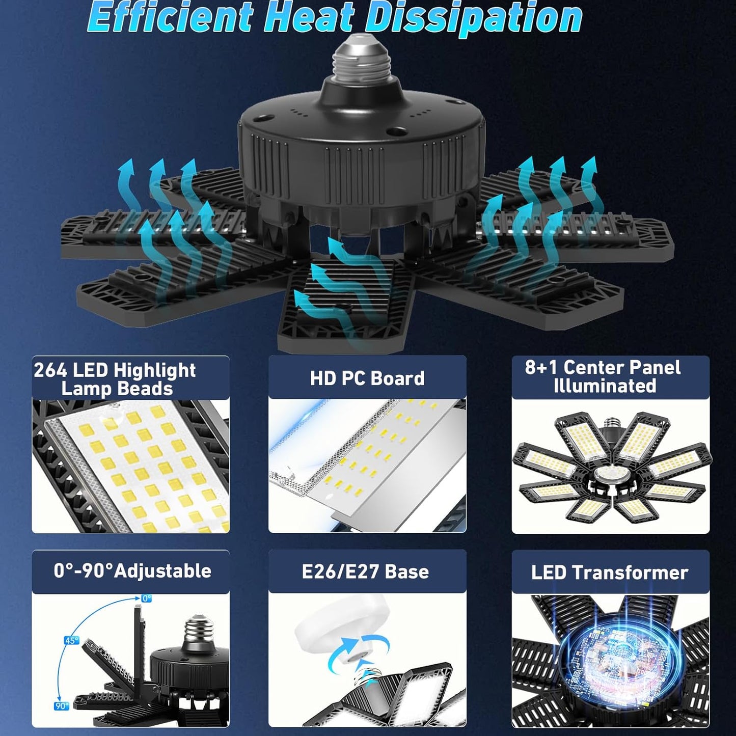 Garage Light 8 Pack - 240W 24000LM 6500K Garage Lights Ceiling LED with 8+1 Deformable Panels, E26/E27 Screw Socket in LED Shop Light for Workshop, Basement, Gym, Barn, Warehouse etc Bay Lighting