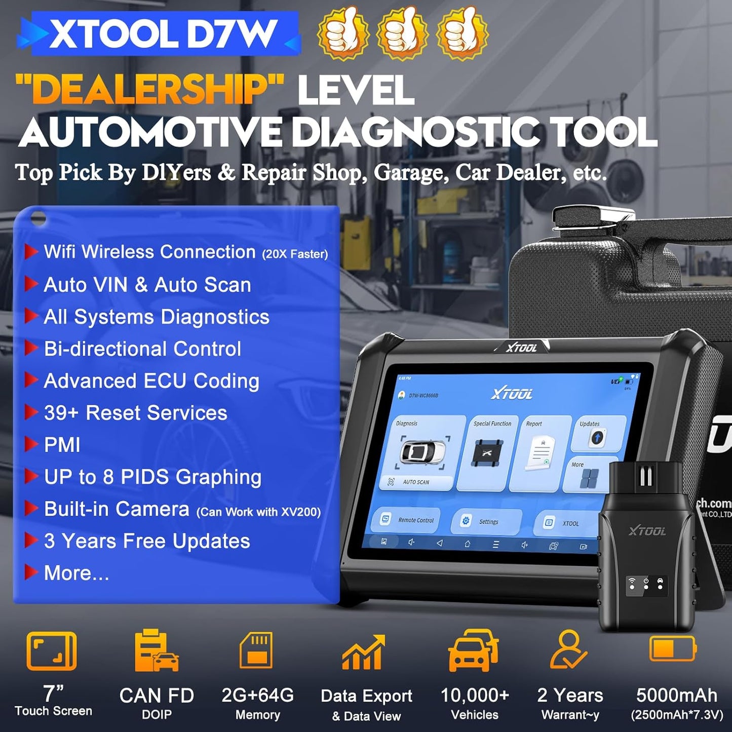 XTOOL D7W Wireless OBD2 Scanner Diagnostic Tool 2025 Upgraded Ver. of D7, Bidirectional Scan Tool, ECU Coding, 39+ Resets, CAN FD & DoIP, All System Scanner for Car with 3-Year Update