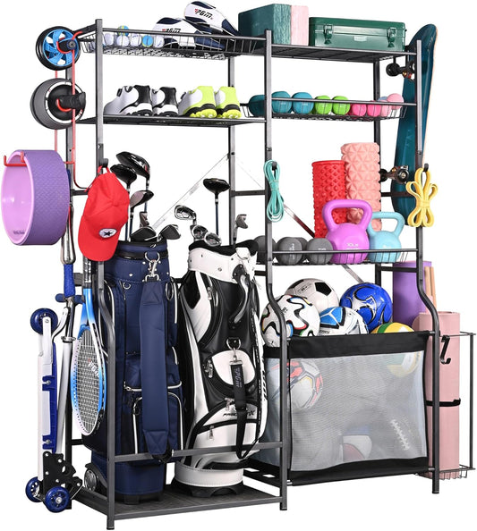 PLKOW Golf Storage Ball Rack Garage Organizer, 2 Golf Bag Organizer and Other Sports Equipment Organizer for Garage, Extra Large Size Sports Storage Rack for Garage