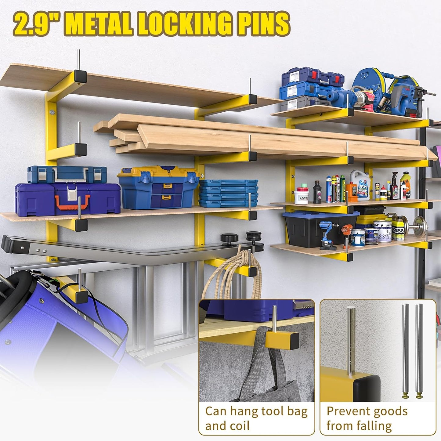 4-Pack Lumber Storage Rack, Wood Storage Racks Wall Mount, Heavy Duty Garage Wood Organizer with 8-Level System, Yellow Utility Rack Organization Up 1600 Lbs, Metal Lumber Shelf for Indoor & Outdoor