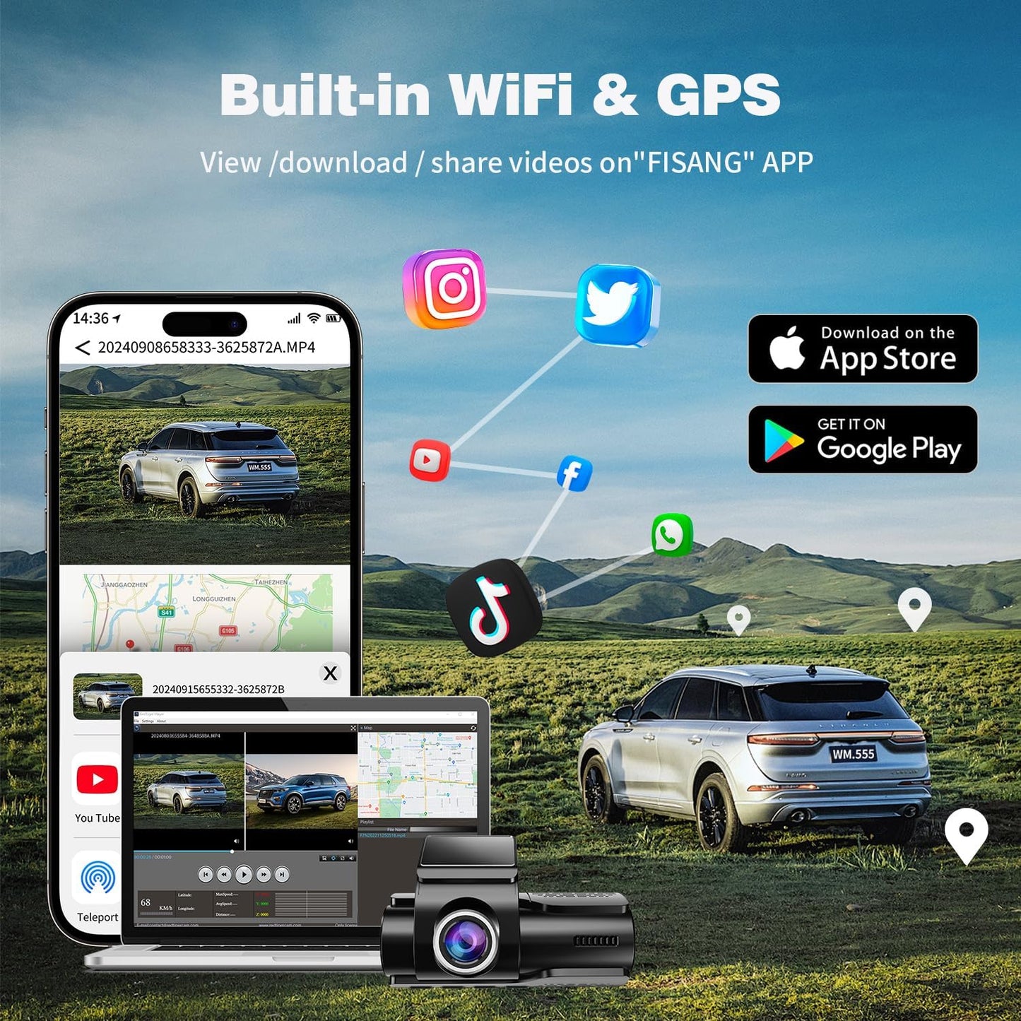 Dash Cam Front and Rear, UHD 4K Night Vision Dash Camera for Car with 3.2'' IPS Screen, 30FPS Dashcam Built-in GPS with App Control, 24H Parking Mode, G-Sensor