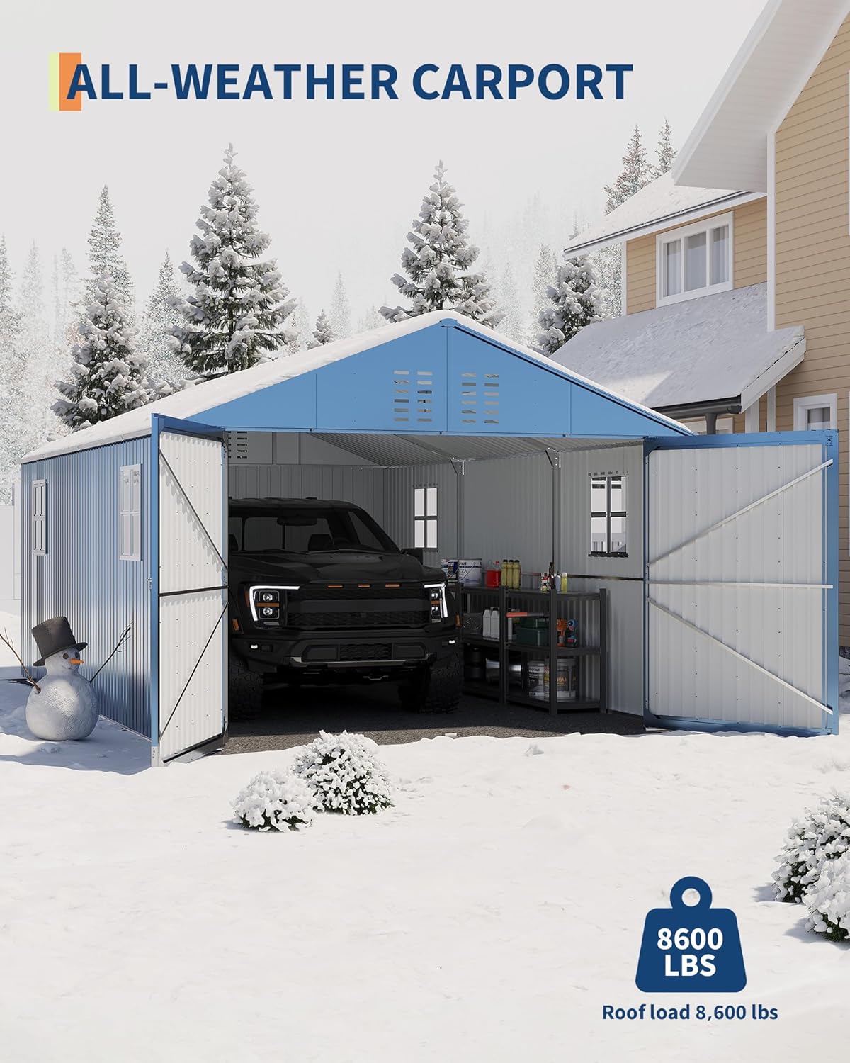 12x20 FT Metal Carport, Enclosed Car Port with Reinforced Frame and Steel Roof for All-Weather Use, Metal Garage Shed for Full-Sized Pickup Trucks