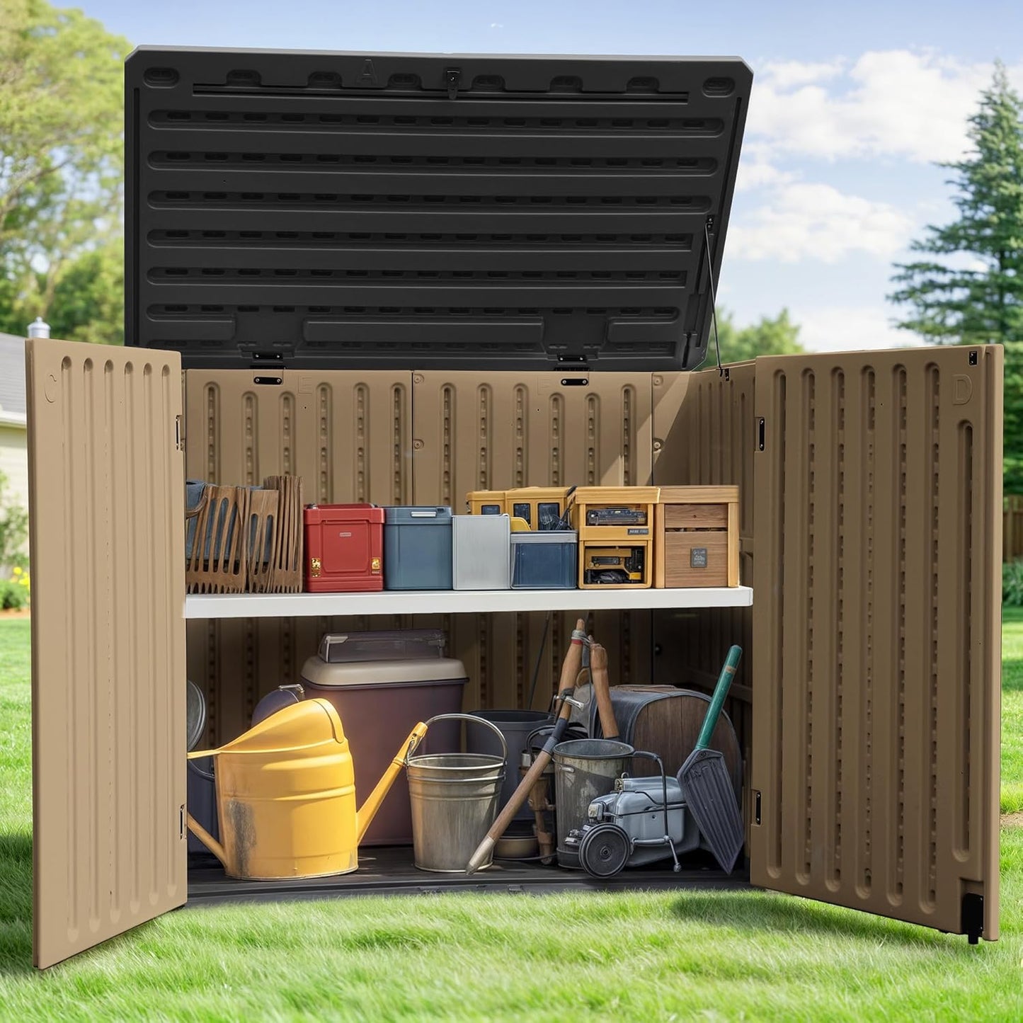 GOOBED Horizontal Shed with Padlock Latch, Outdoor Storage Shed for Backyard and Garden, 35 Cu Ft Small Storage, Waterproof, Easy Assembly, Brown