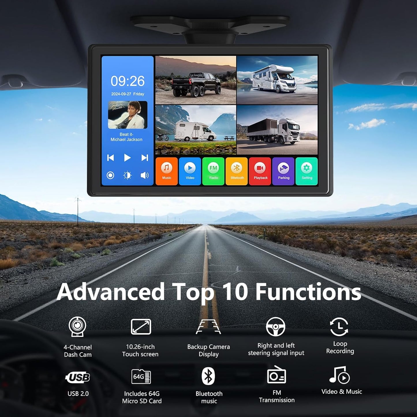 4 Channel Backup Camera System,Touchable 10.26 inch Monitor with DVR Stereo, 64GB Card, IP69 Waterproof, Nightvision 1080P Backup Camera for RV/Truck/Trailer Pickup,Rear Side Front Wired System