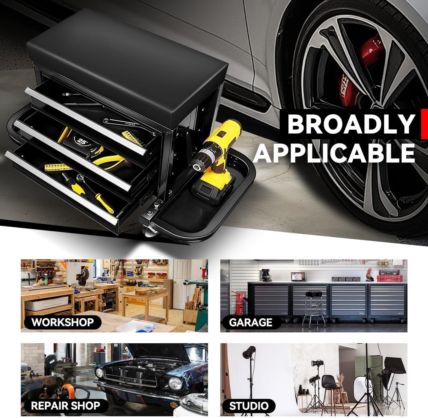 Auto Dynasty 3-Drawer Mechanic Rolling Seat, 350 LBS Capacity Roller Garage Shop Seat with Storage Tool Tray for Workshop, Repair Shop, Warehouse, Black