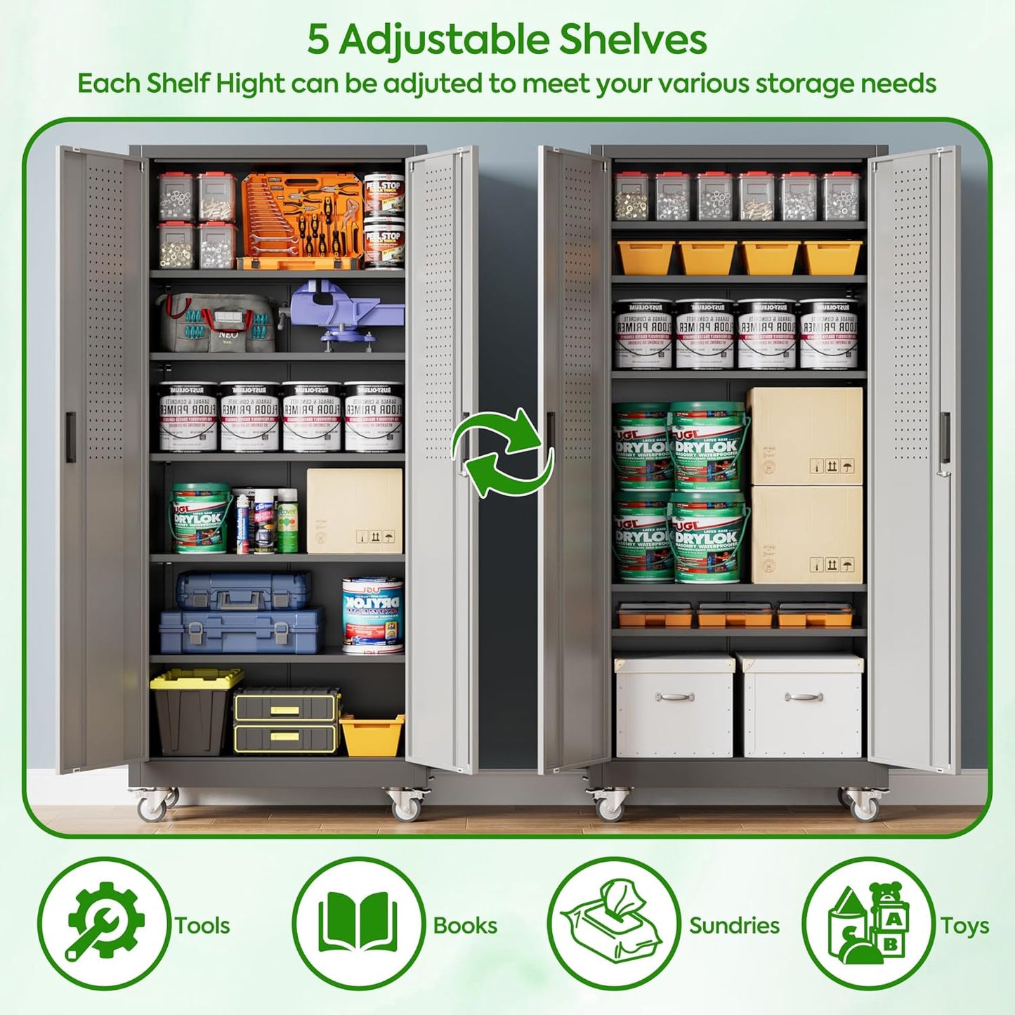 Garage Storage Cabinet with Pegboard and 5 Adjustable Shelves, 71'' x 32'' x 16''Metal Lockable Cabinet with Magnetic Doors,Tool Storage,Home Office Garage,Gym,School (Black-Grey)