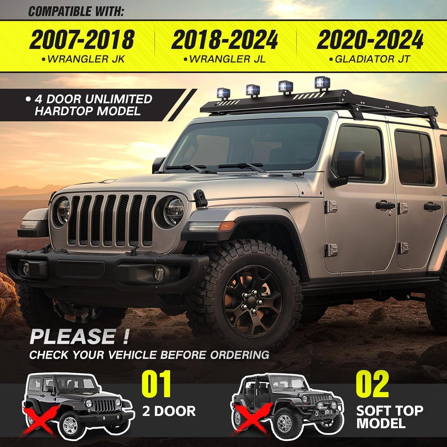 Roof Rack Cargo Basket with 4PCS LED Light Bar Compatible for 2007-2024 Jeep Wrangler JK JL Unlimited & Gladiator JT 4 Doors Hardtop, JKU JLU Luggage Racks Rooftop Storage Carrier (Black)