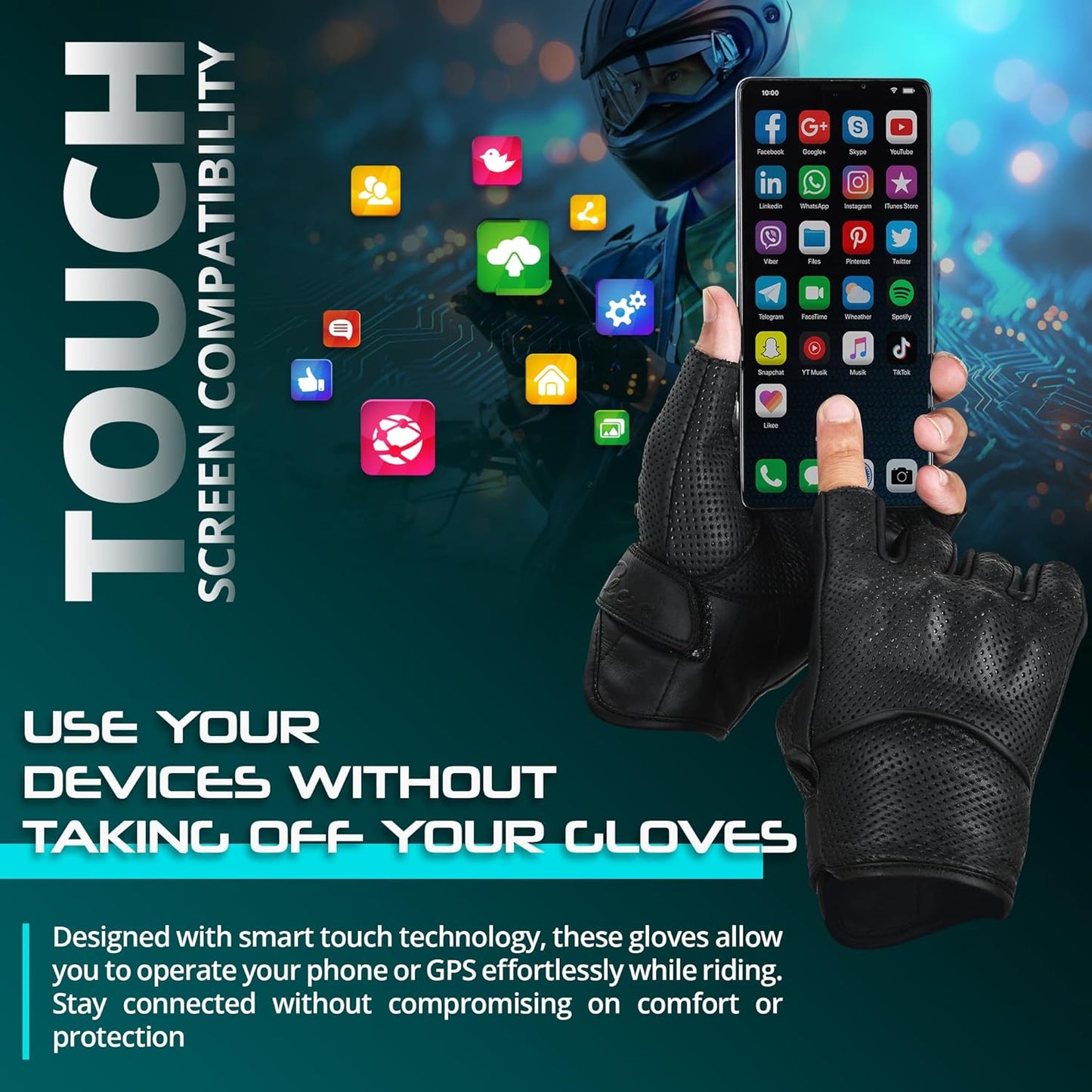 aasportx Motorcycle Gloves - Men's Leather Motorbike Gloves with Touchscreen Function - Non-Slip Pads for Men & Women