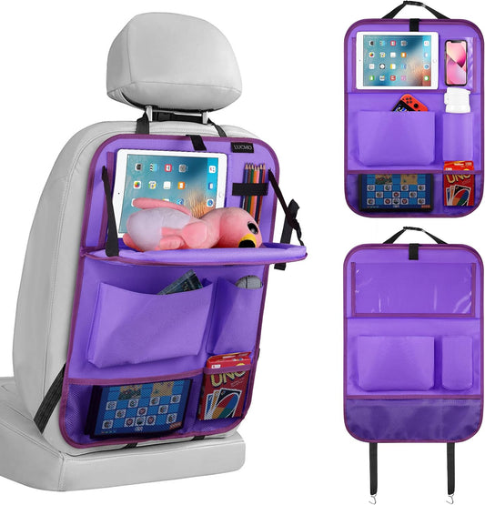 LUCMO Car Backseat Organizer with Tablet Holder,6 Storage Pockets Car Storage Organizer with Foldable Food Tray,Seat Protectors Kick Mats Travel Accessories-Dark Purple