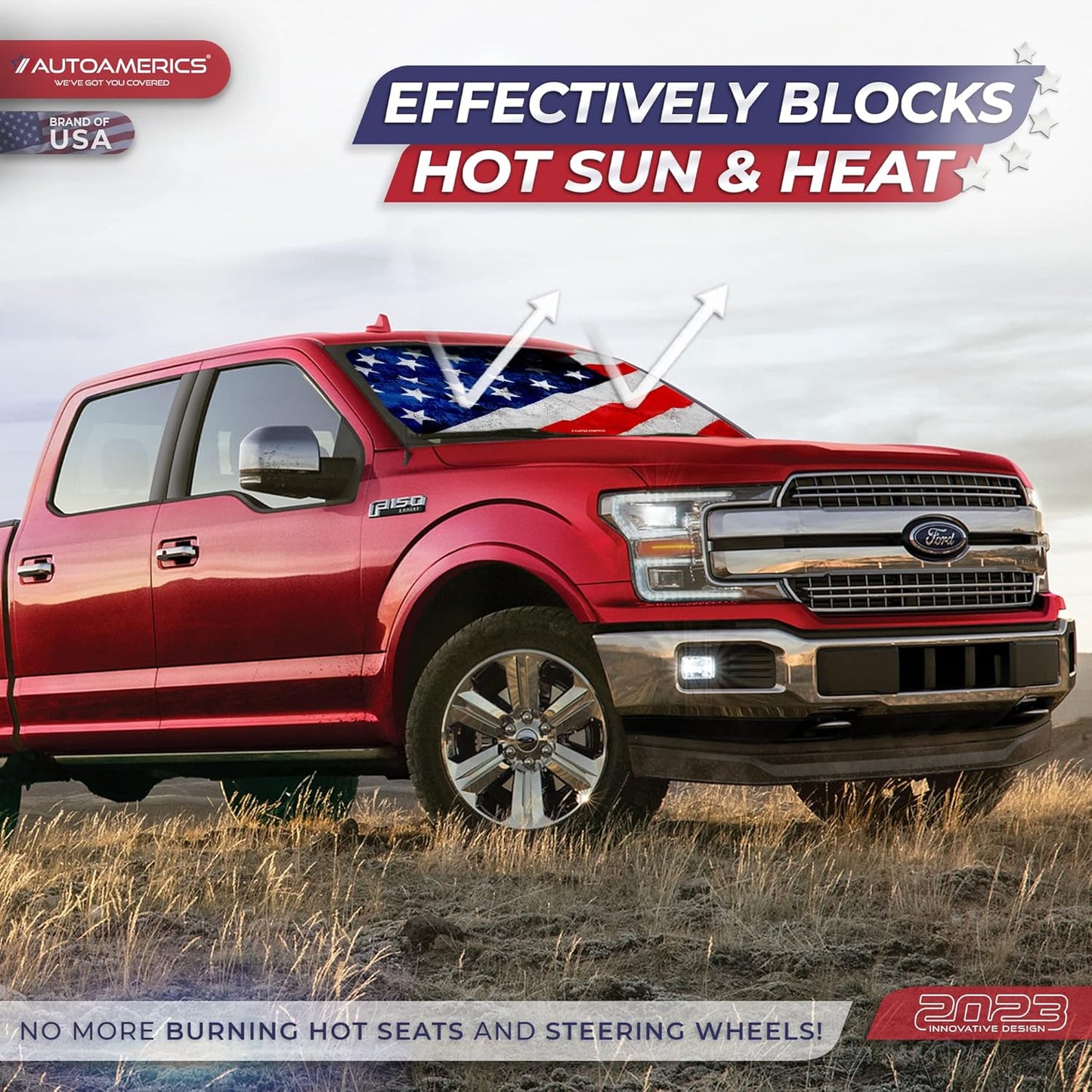 Autoamerics 1-Piece Windshield Sun Shade Grunge American Flag - 4 USA Design - Foldable Car Front Window Sunshade for Most Sedans SUV Truck - Blocks Max UV Rays and Keeps Your Vehicle Cool - Large