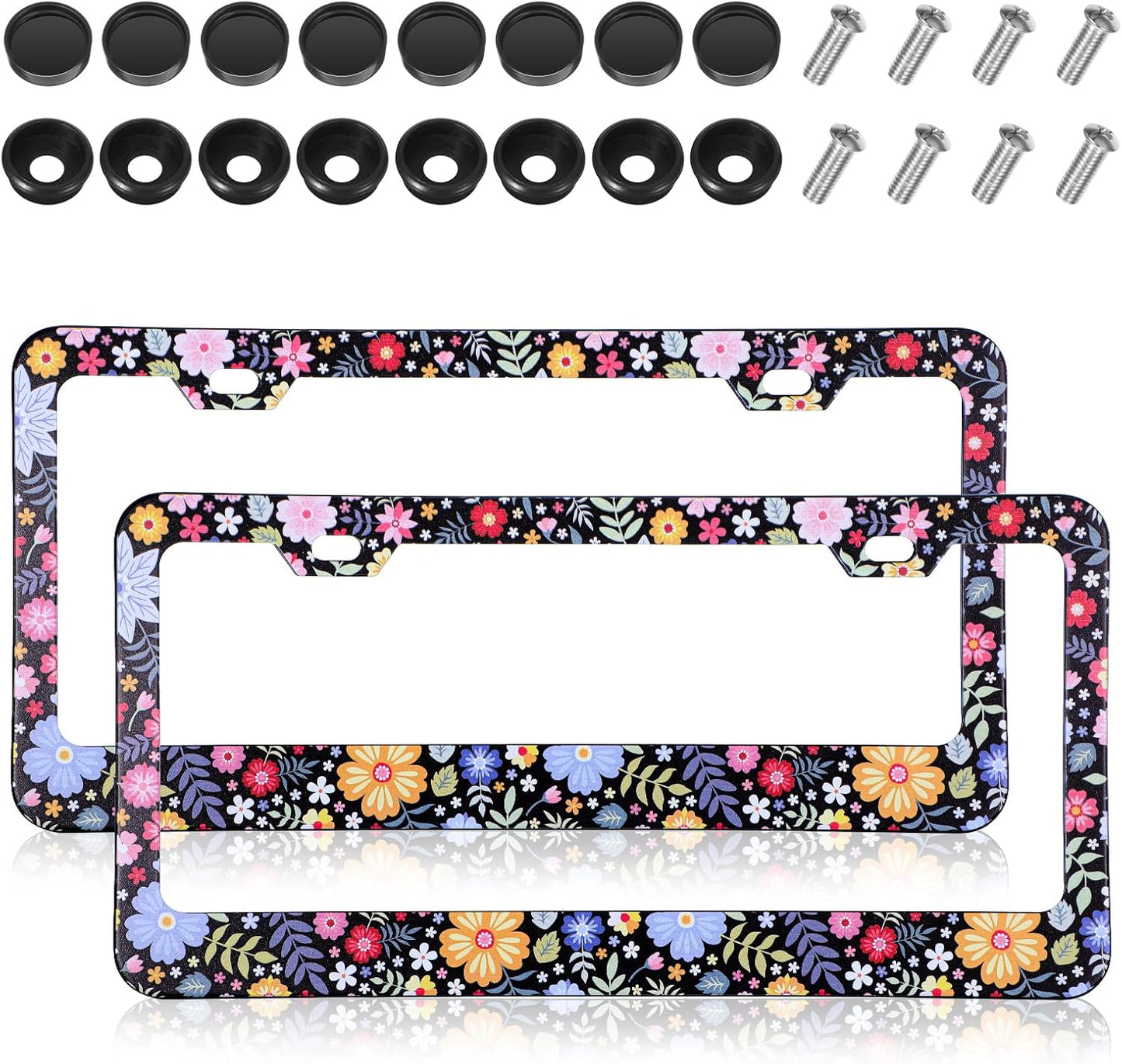 Flower License Plate Frame 2 Pcs Personalized Colorful Floral License Plate Frames with 2 Holes Screws Stainless Steel Car Plates Frame Universal Size: 12.4x6.3in Auto Parts Decoration