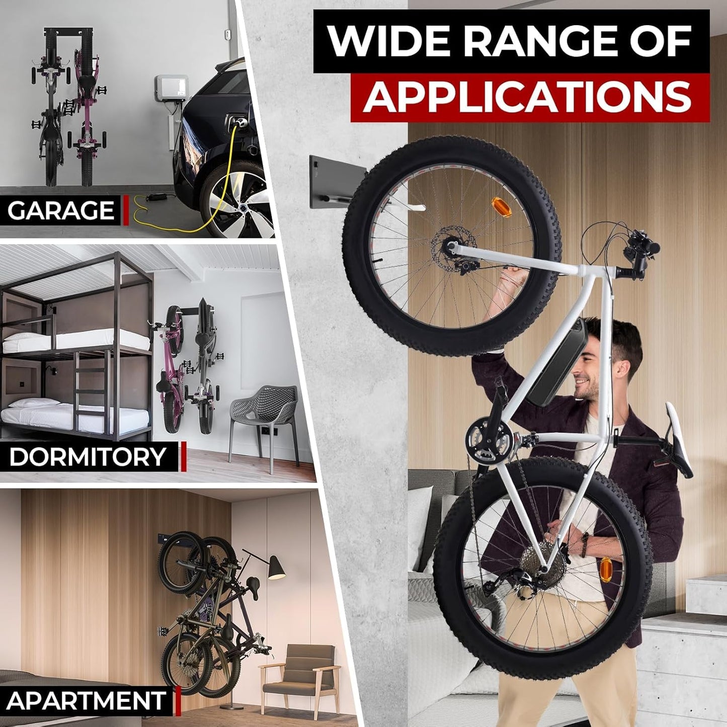 Fat Tire Bike Rack Wall Mount Garage Storage,Fat Tire Bike Storage Rack for Garage,Heavy Duty Fat Tire Bike Wall Mount Hanger Hooks Max 100lbs,Vertical Fat Tire Mountain Bike Rack(Hold 2 Bikes)