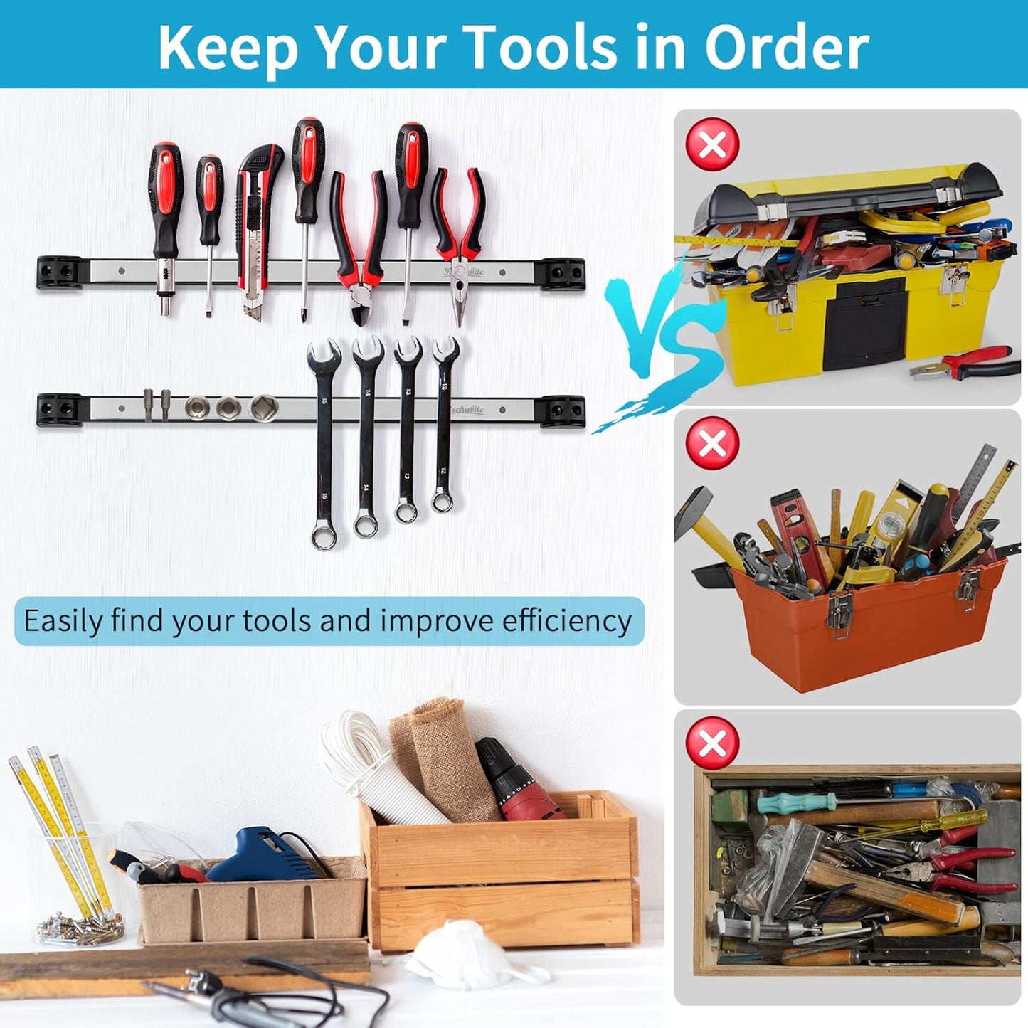 6 Pieces 12" Magnetic Tool Holder Strip, Stainless Steel Surface Tool Magnet Bar, Metal Tool Organizer Rack for Garage Organization, Easy To Install in Workshop, Mounting Screws Included