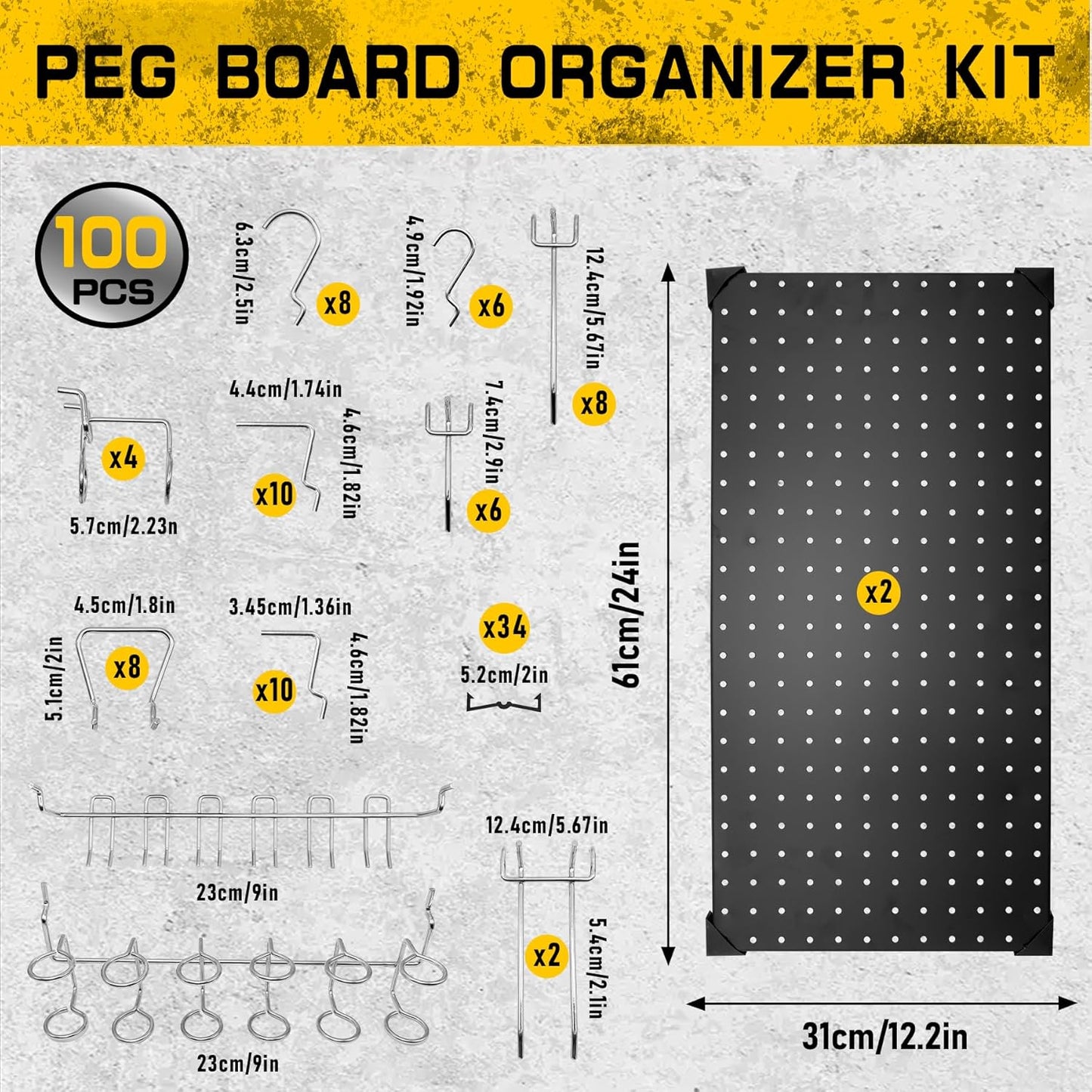 100PCS Pegboard Accessories Organizer Kit,Paper Towel Holder,Closet Organizers and Storage - Easy Storage and Organization for Garage, Workbench,Shelves,Tools.(12x24 Inch Panels with Hooks)