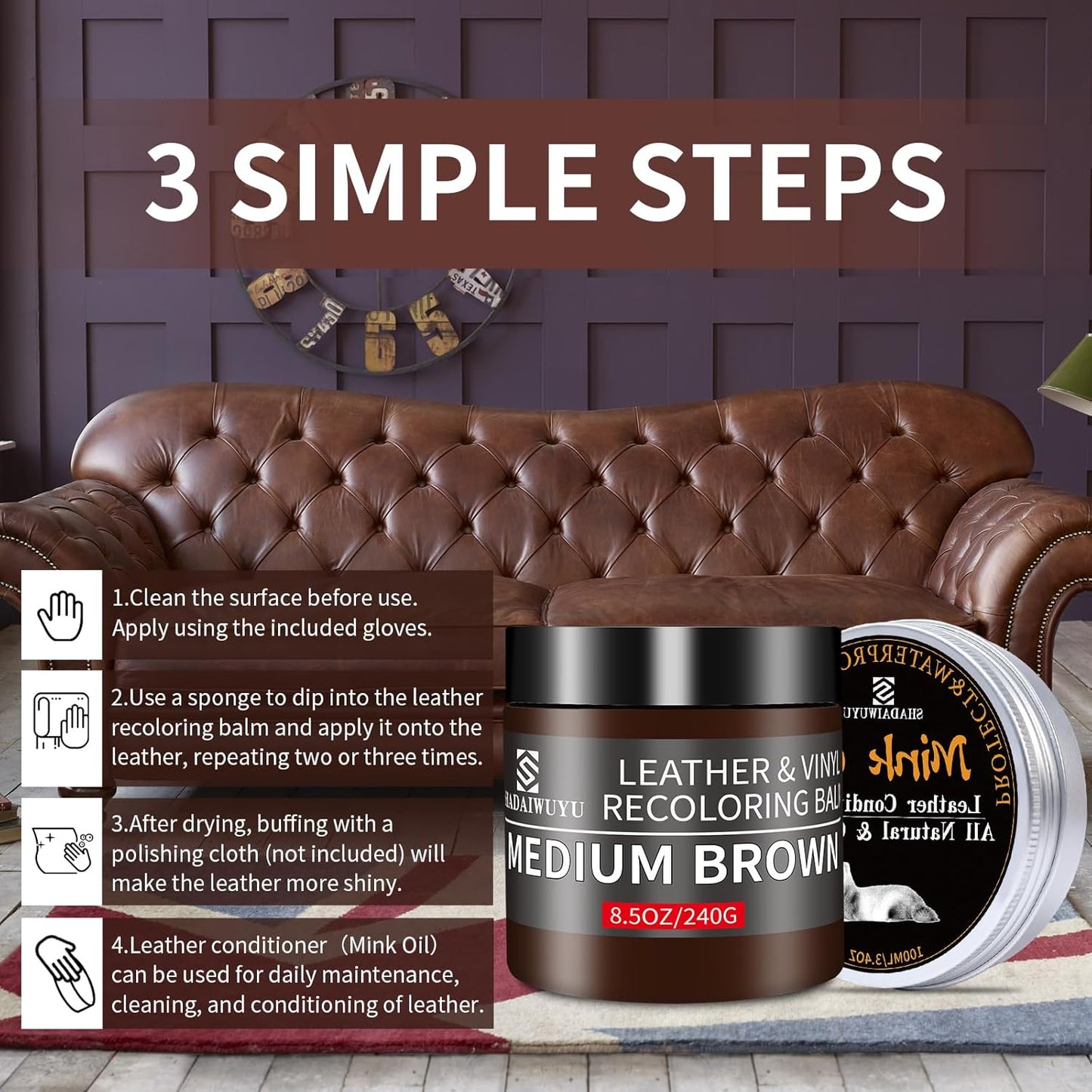 8.5oz Leather Recoloring Balm with 100ml Mink Oil,Medium Brown Leather Repair kit for Furniture and Car Interior,Leather Couch Scratch Repair,Leather Dye Paint,Mink Oil for Leather