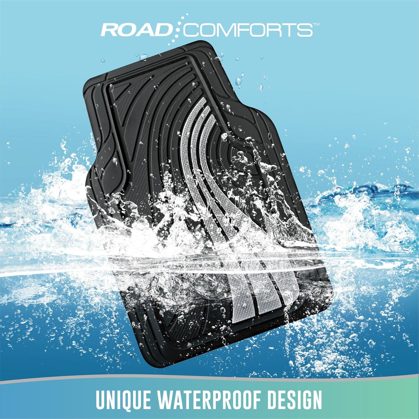 Road Comforts Car Floor Mats Full Set – Front & Rear Car Floor Mats with Aluminum Design, Anti-Slip Backing, All-Weather Protection, Trim-to-Fit Car Mats for Most Sedans, SUVs & Vans - Sliver