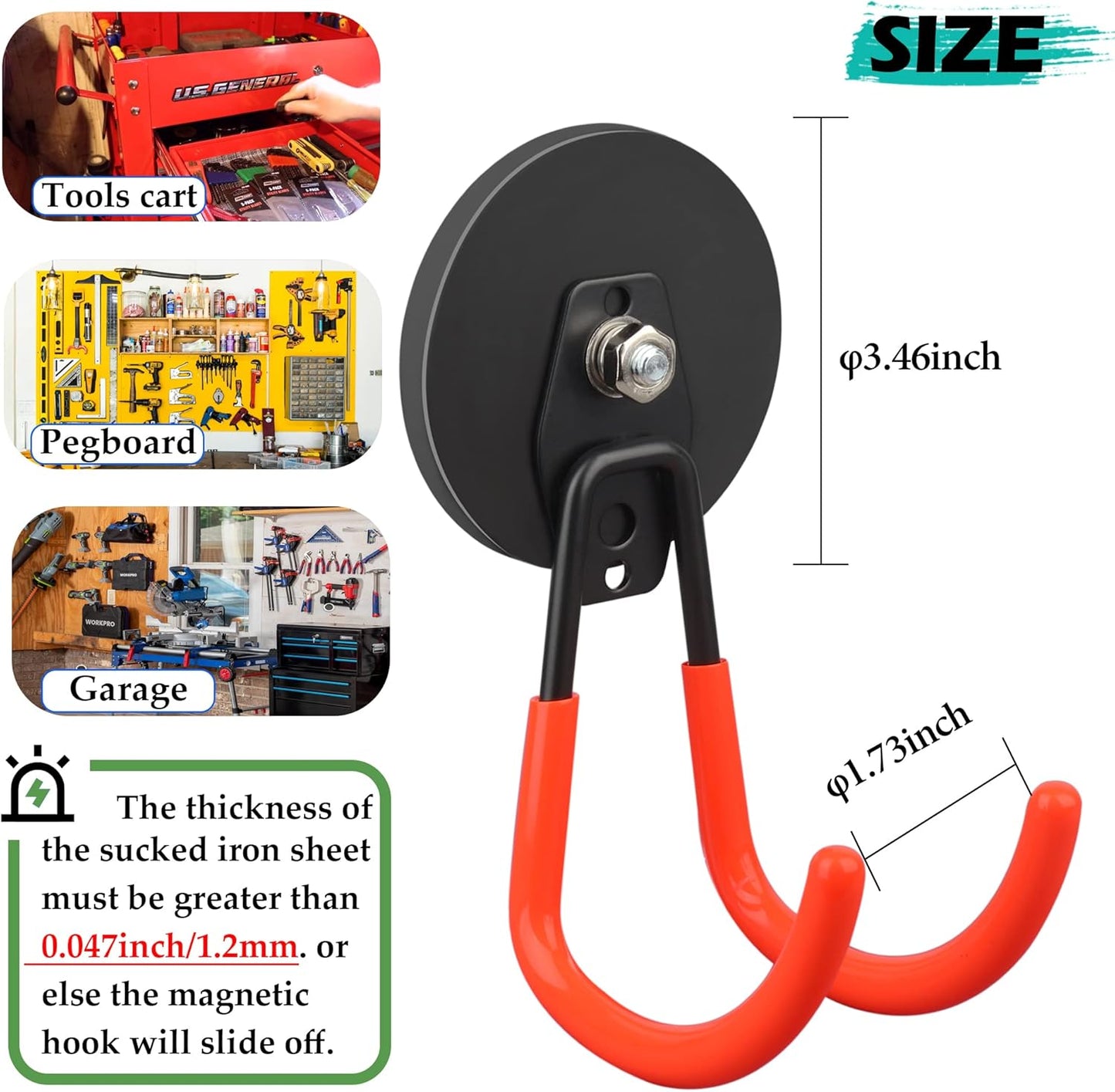 ULIBERMAGNET Strong Magnetic Hooks,2 Pack Heavy Duty Large Magnetic Hooks for Extension Cord, Cable, Hose, Power Cord,Rope,Drill,Jig Saw,Circular Saw,Garden Lawn Tools (Orange/3.46inch)