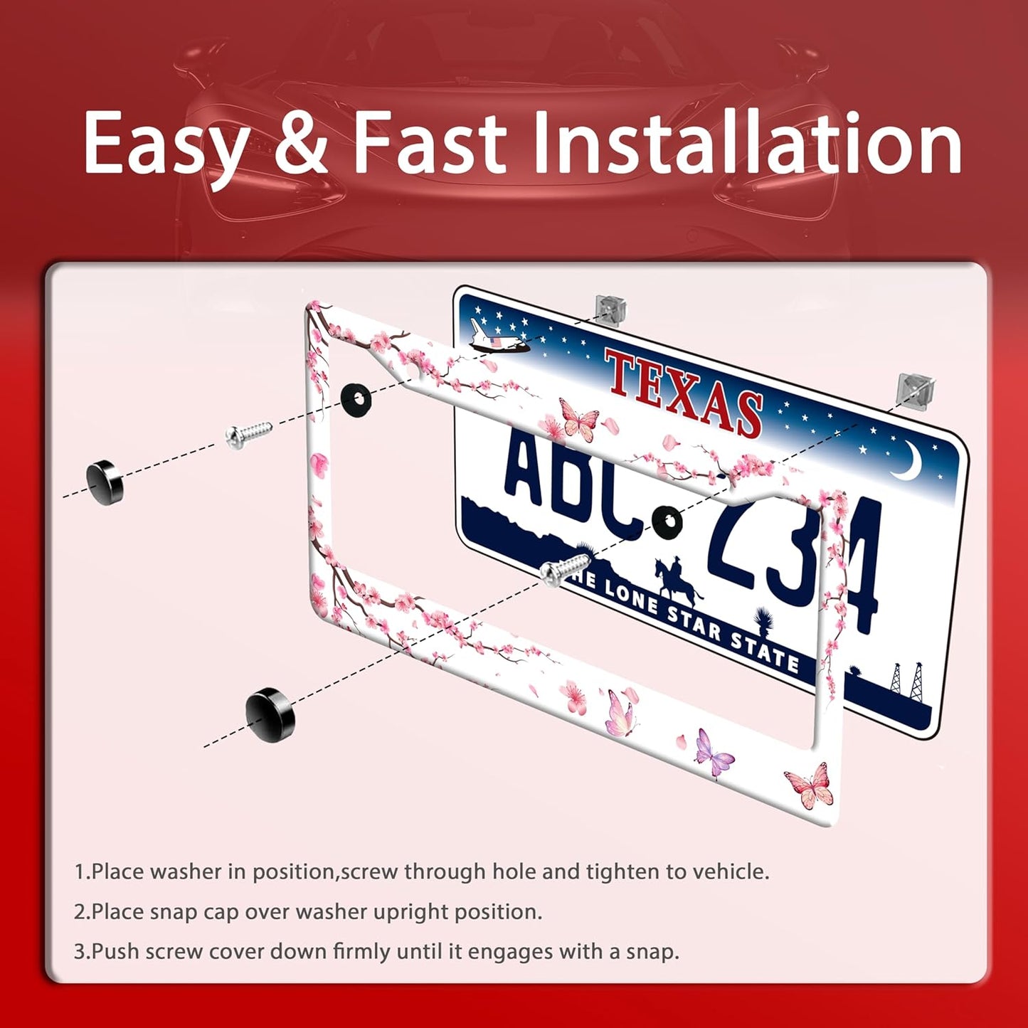 Pink Cherry Blossom Butterfly License Plate Frame Beautiful Flowers License Plate Holder Funny Stainless Steel Accessories Cars Decor With 2 Holes And Screws Fits Standard Us Ca Vehicles 12.2 X 6 Inch