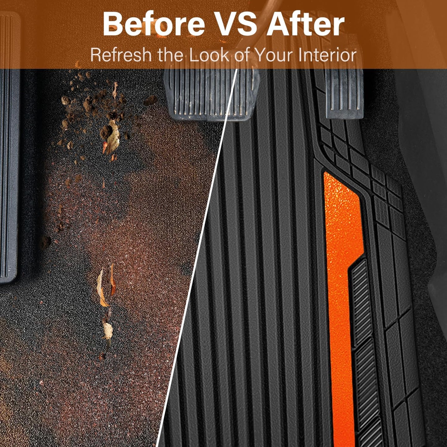 CAR PASS Heavy Duty Rubber Car Mats Metallic, Aluminum Film All Weather Floor Mats Waterproof Universal Trim to Fit SUVs Sedans Vans 4 Piece Anodized Deep Dish Two-Tone Sporty Black Orange Chrome