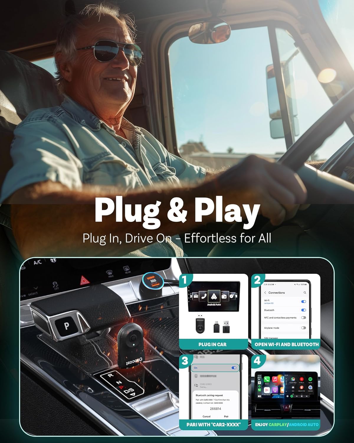 OTTOCAST Mini 2025 Wireless CarPlay & Android Auto 2-in-1 Adapter, Plug & Play, 5GHz WiFi, Auto Connect for iPhone & Android, Fits 98%+ OEM Wired CarPlay Cars