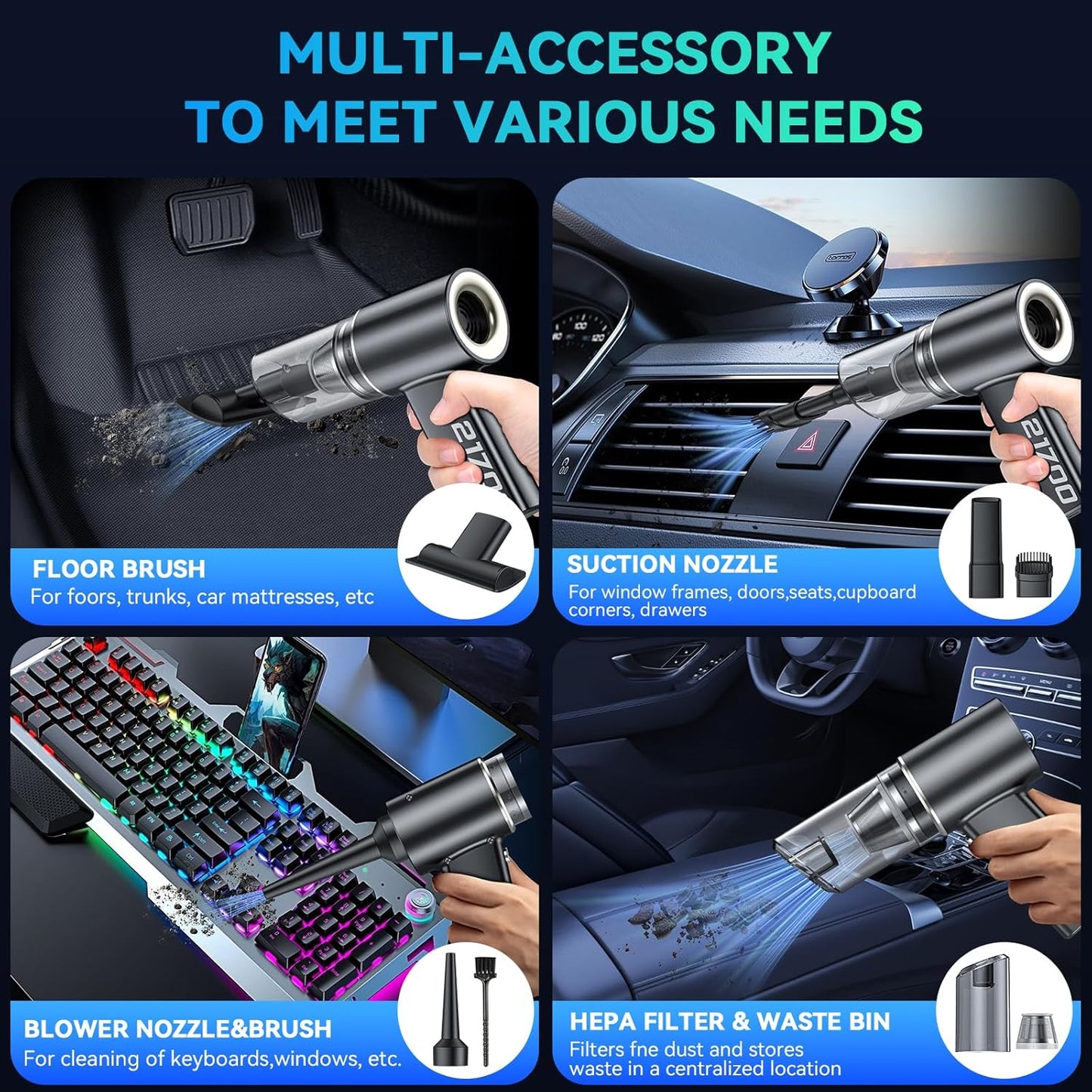 Car Vacuum Cordless Portable with Brushless Motor,16000PA Suction Power, 3-in-1 Compressed Air Duster & Air Blower & Pump Wireless Mini Handheld Cleaner for Home, Car, Pet, Office