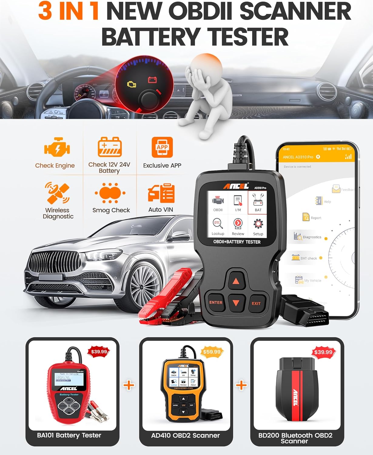 ANCEL AD310 Pro OBD2 Scanner Diagnostic Tool & Car Battery Tester & Bluetooth OBD2 Reader, Check Engine Code Reader for Car with Lights Reset Live Data, 12V 24V Battery Charging/Cranking System Test