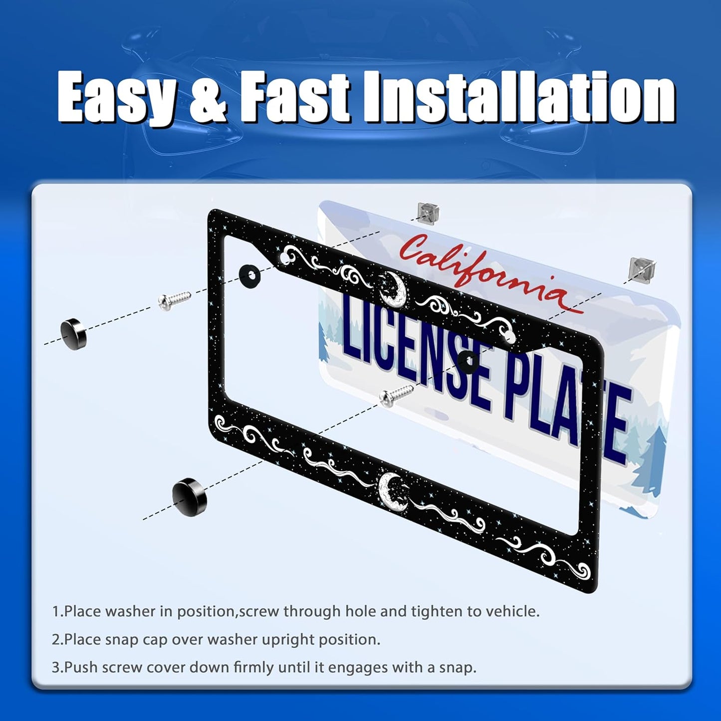 Moon License Plate Frame Stars Waves Starry Sky License Plate Stainless Steel Funny License Plate Holder Galaxy Car Accessory with Screws Car Decoration 12.3" x 6.3" for Men Women