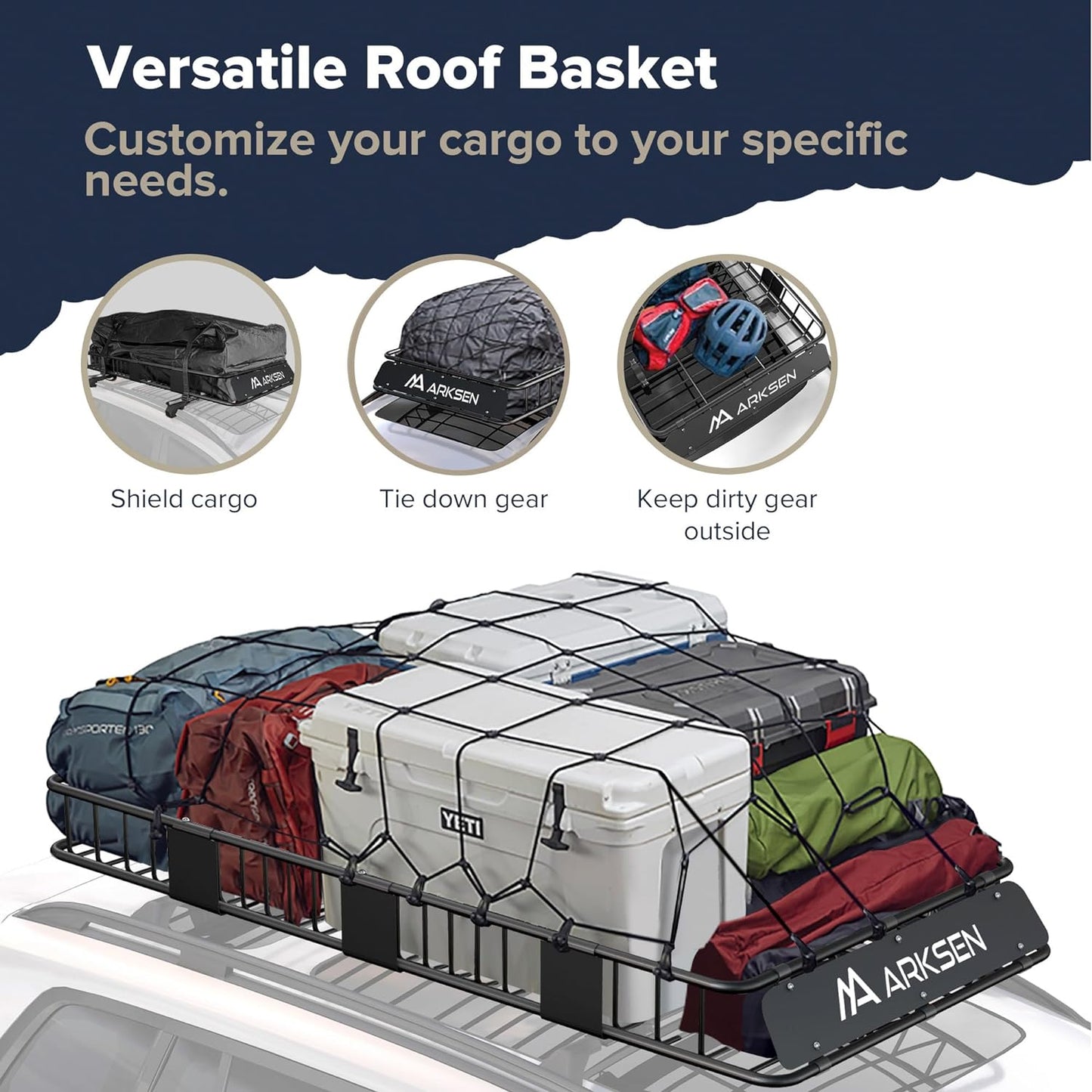 ARKSEN 84 x 39 x 6 Inch Universal 150LB Heavy Duty Roof Rack Cargo with Cargo Net, Car Top Luggage Holder Carrier Basket with Extension for SUV, Truck, & Car Steel Construction