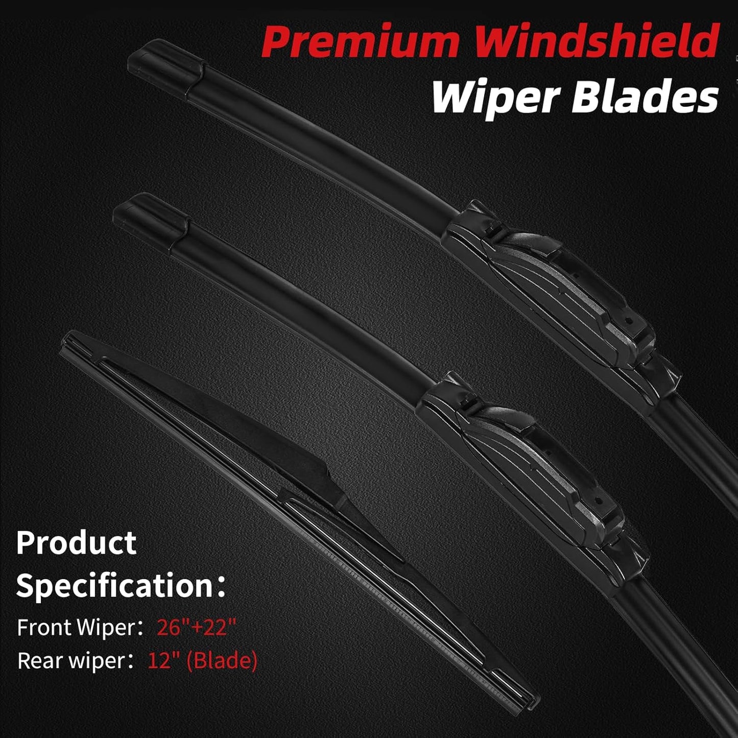 OTUAYAUTO Premium Windshield Wiper Blades - Replacement for Toyota Venza 2009-2016 - Precision Fit, All-Weather Performance, Front and Rear Wiper Blades, J/U Hook - 26"+22"+12" (Pack of 3)