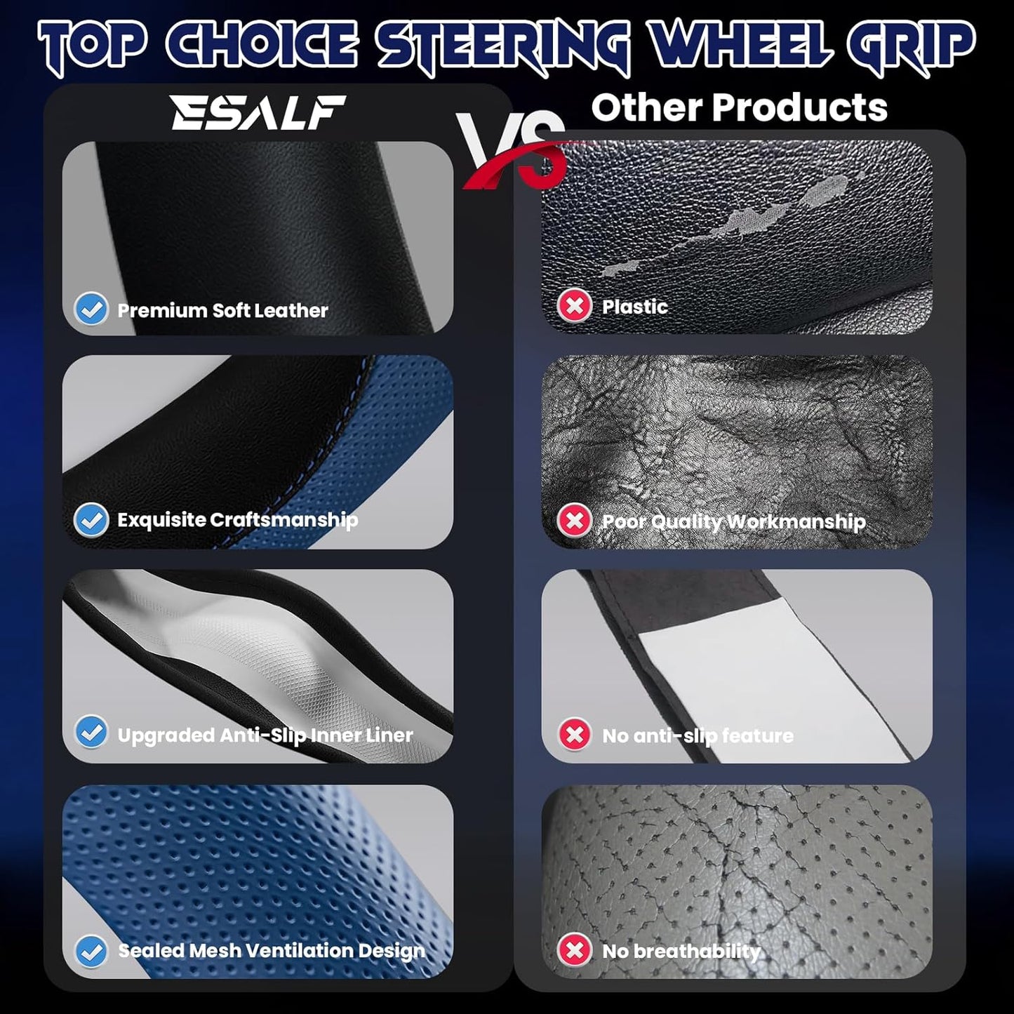 Soft Leather Steering Wheel Cover with Breathable Design and Anti-Slip Grip, Fully Compatible with Tesla, Toyota, Honda, Nissan 14.2-14.96 inch Round Steering Wheel（Sedans and SUVs）