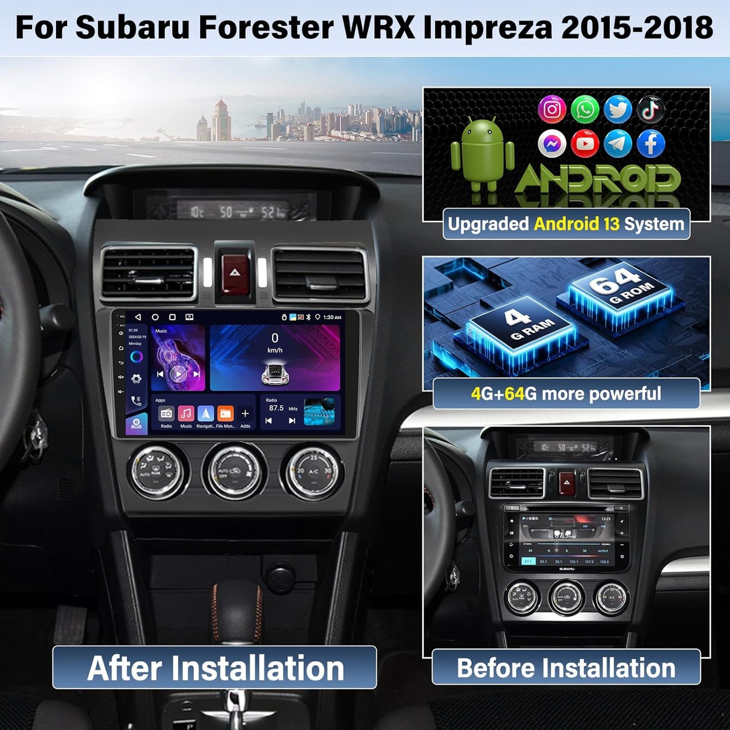 UNITOPSCI 4G+64G Radio for Subaru Forester WRX Impreza 2015-2018 Android Car Stereo CarPlay Android Auto Bluetooth 5.0 GPS 9 Inch 1280 * 720 Touchscreen DSP 32 EQ FM/RDS WiFi SWC Backup Camera Mic
