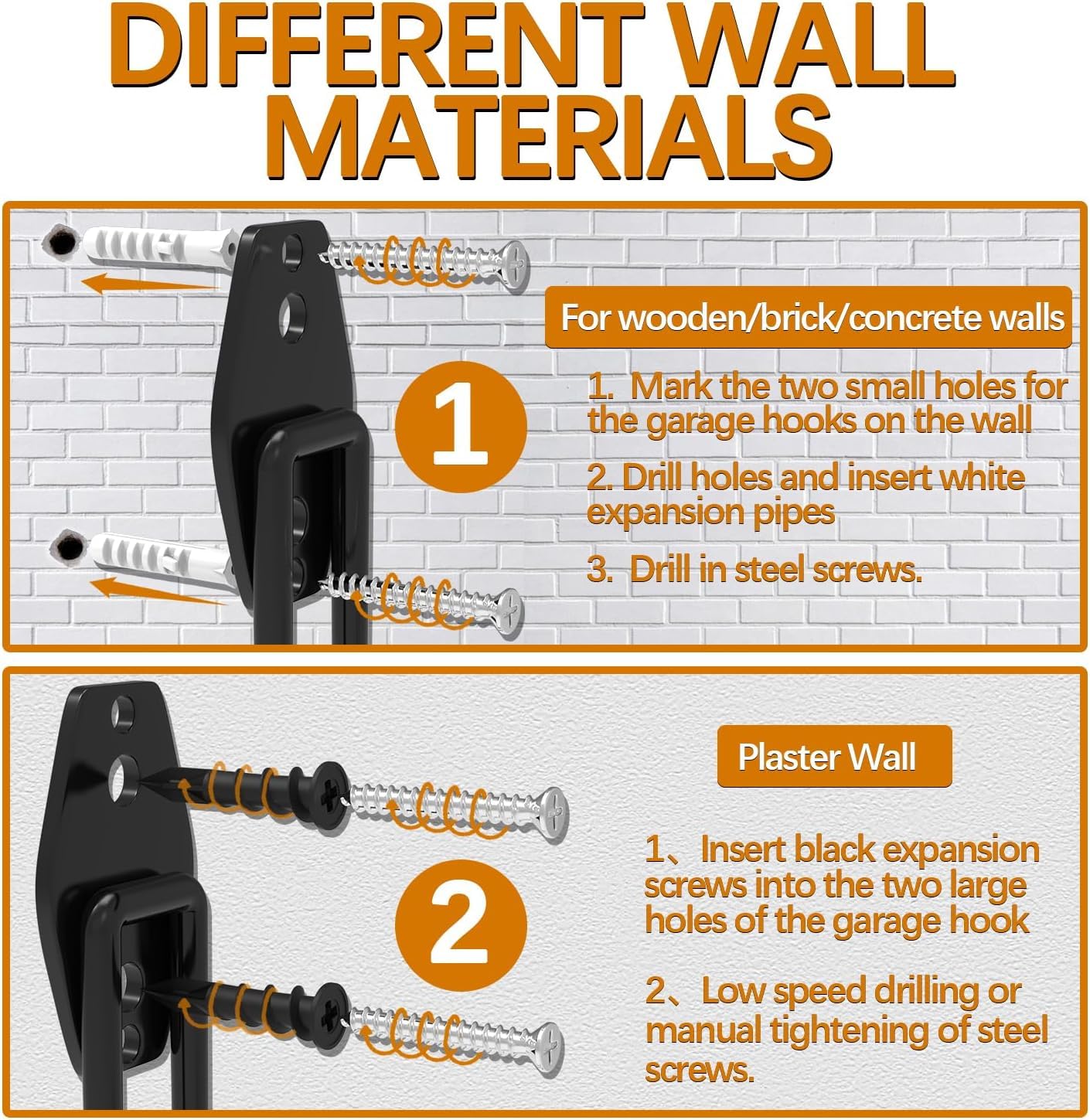 3-H Garage Wall Hooks 62 Pack, Heavy Duty Garage Hooks with Extra Welding Spots, Wall Mount Storage Organizer for Hanging Garden Lawn Tools, Ladder, Bike, WeedEater, Chair, Shovel, Blower (Orange)