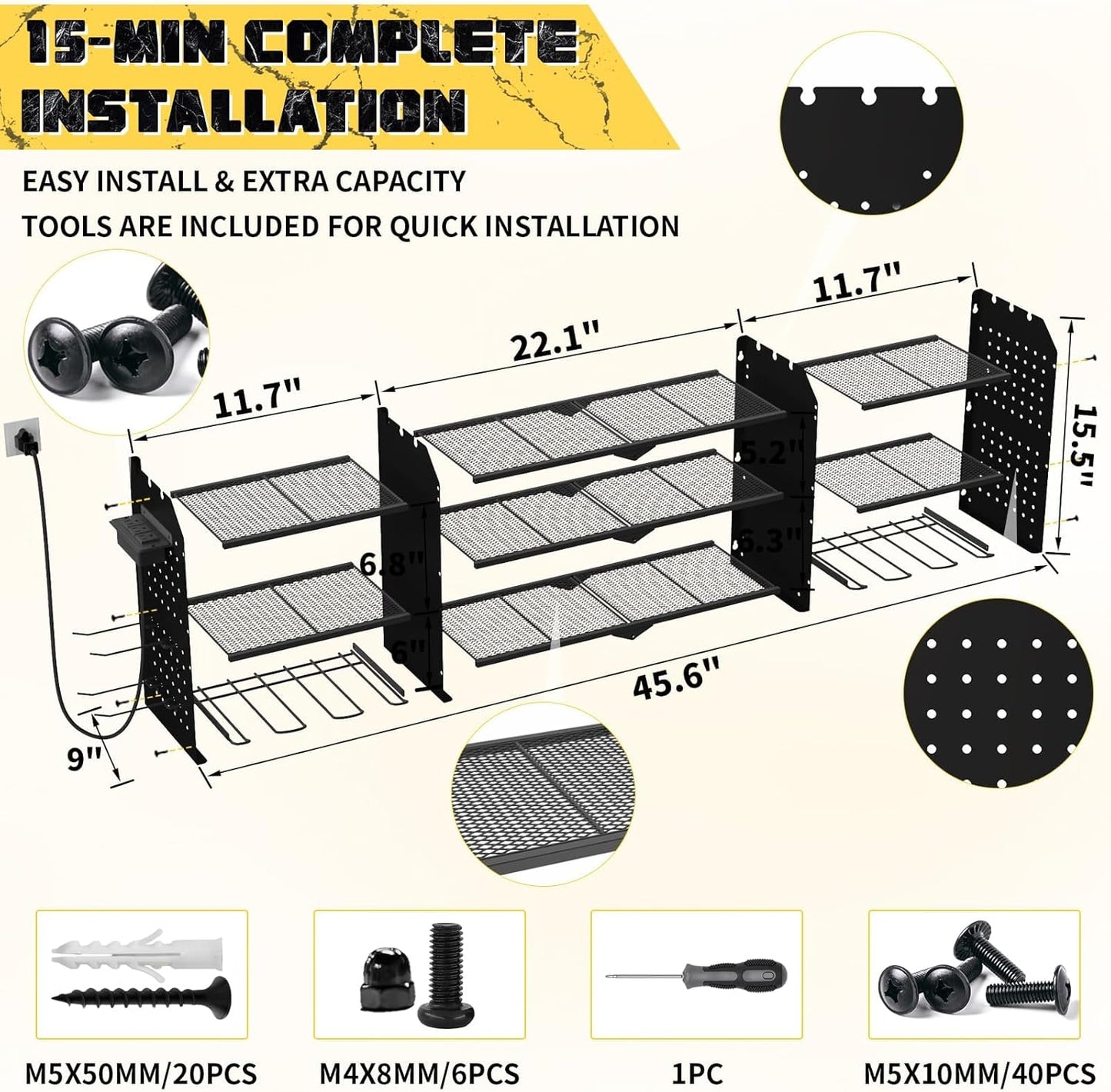 45" Large Power Tool Organizer Wall Mount with Charging Station - 3 Layer Storage Racks with 8 Cordless Drill Holder, 4 Hooks, Heavy Duty Garage Tool Organizer Storage for Workshop Pegboard Basement