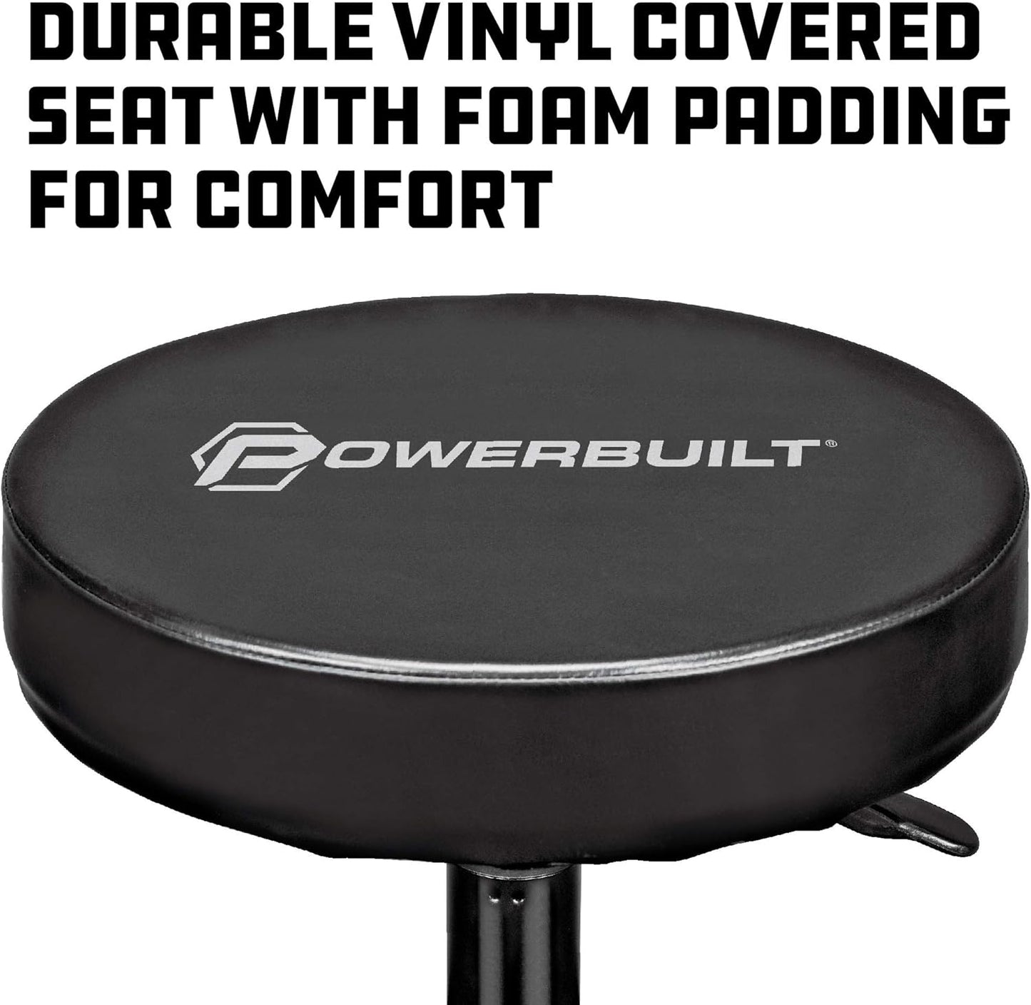 Powerbuilt Rolling Seat, Height-Adjustable Garage Stool with Tool Tray, Smooth and Padded for Car Repair, Detailing, Comfort - 640834, Black