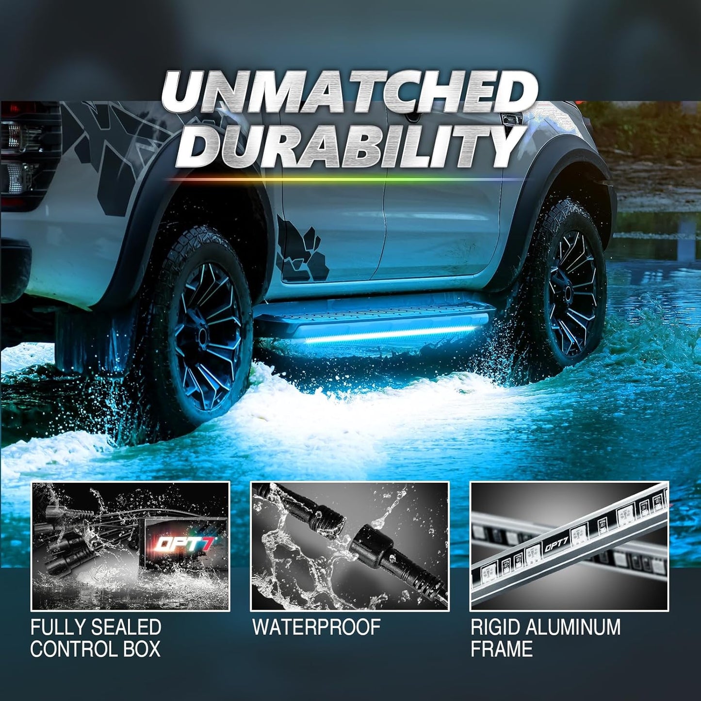 OPT7 Aura Pro Underglow LED Lights with APP & Remote Control, RGB Multicolor Mode, Music Sync, 4 PCS Waterproof Rigid Aluminum Light Bar, Exterior Underbody Lighting Kit Universal Fit for Car Truck RV