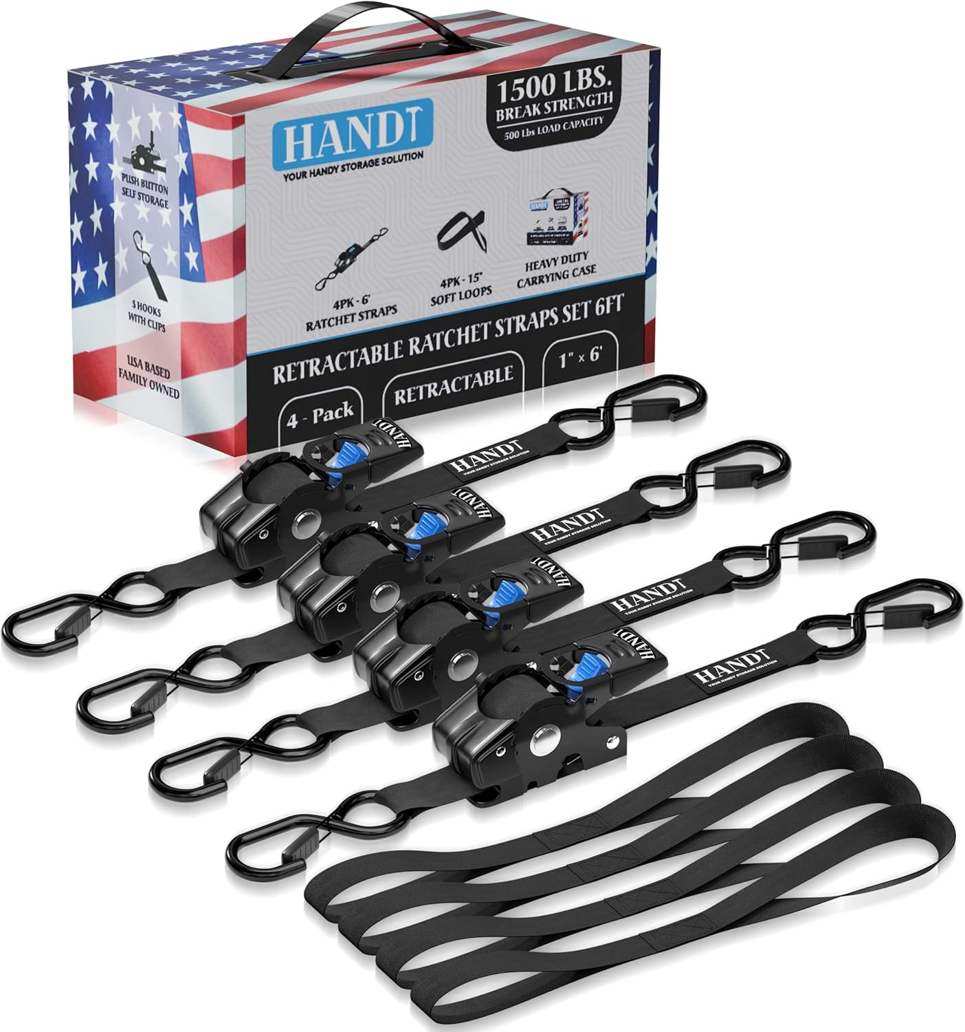 HandT USA Based Retractable Ratchet Straps (4PK) 1in x 6ft - 1,500lb Break Strength, Heavy Duty Automatic Ratchet Straps Self Retractable Tie Down, Push Button Retracting Truck Trailer Cargo | Black