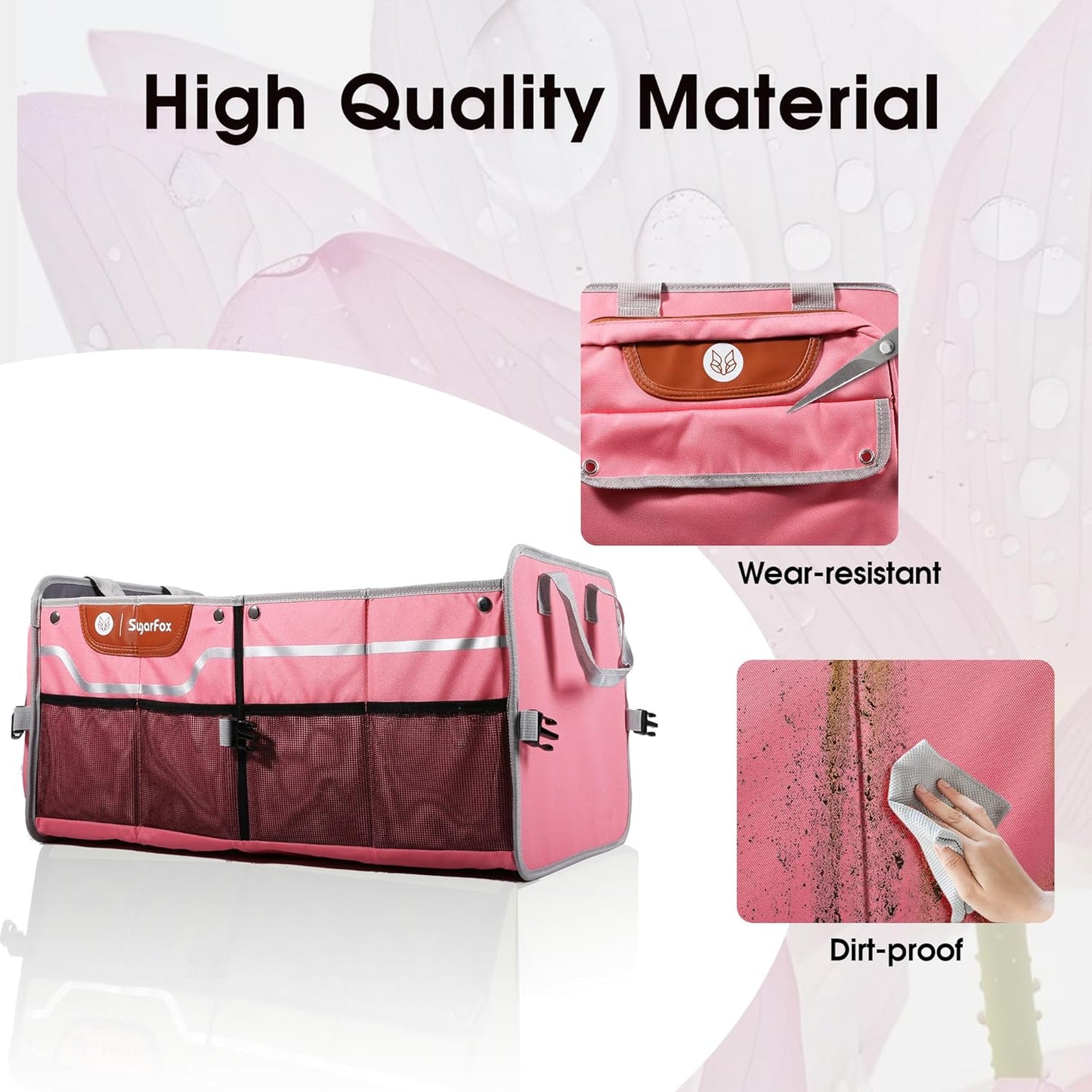 Foldable Waterproof Car Organizer with Non-Slip Traction Rope, 23.2”x13.8”x11.8” Heavy-Duty Trunk Organizer for SUV, Car Essentials List, Portable Vehicle Organizer,PINK-M003