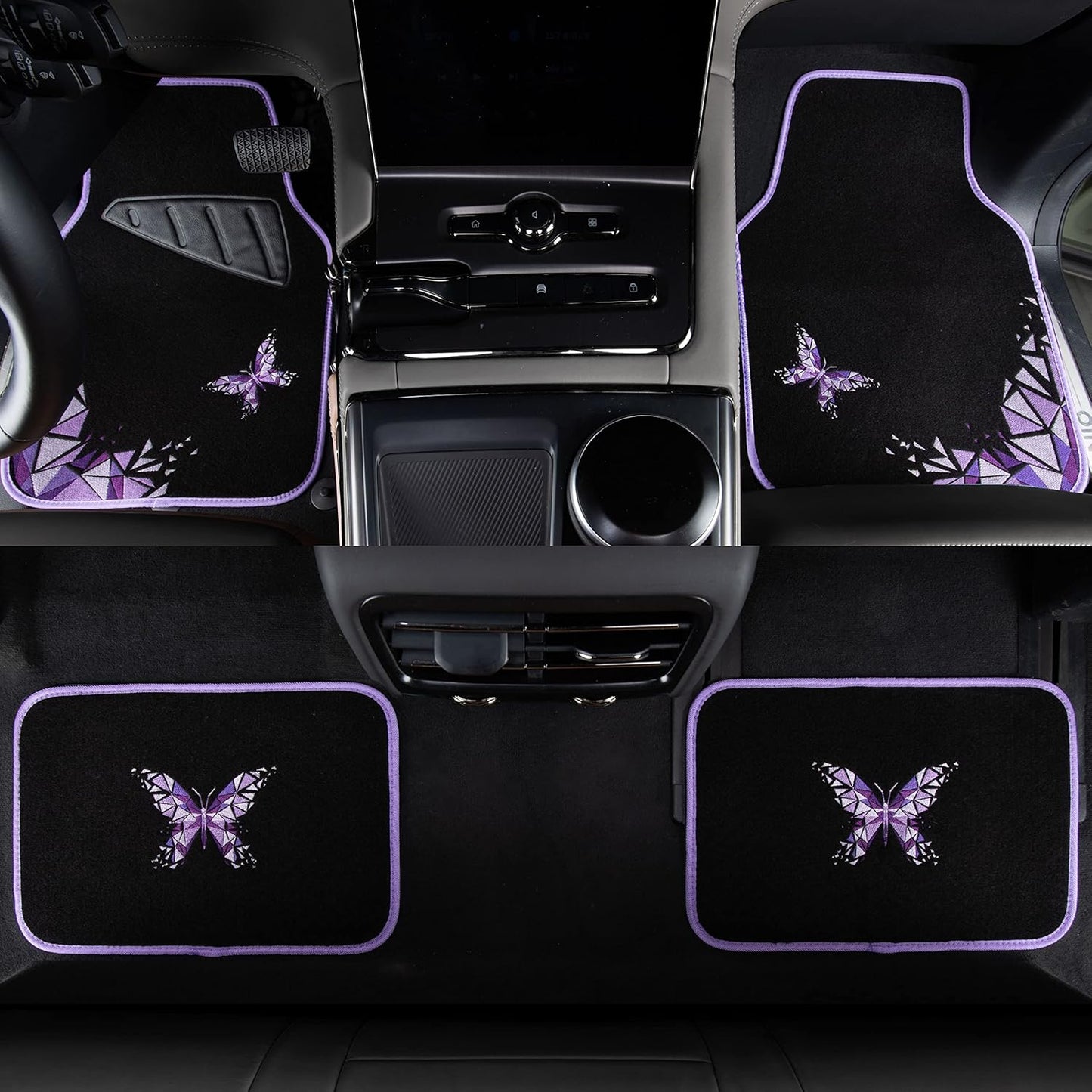 CAR PASS Universal Embroidery Geometric Butterfly Car Floor Mats with Heel Pad-Waterproof-Anti Slip Nibs,Purple Car Floor Mat Fit 95% Automotive,SUVS,Sedan,Vans,for Women,Girly(Purple Butterflies)