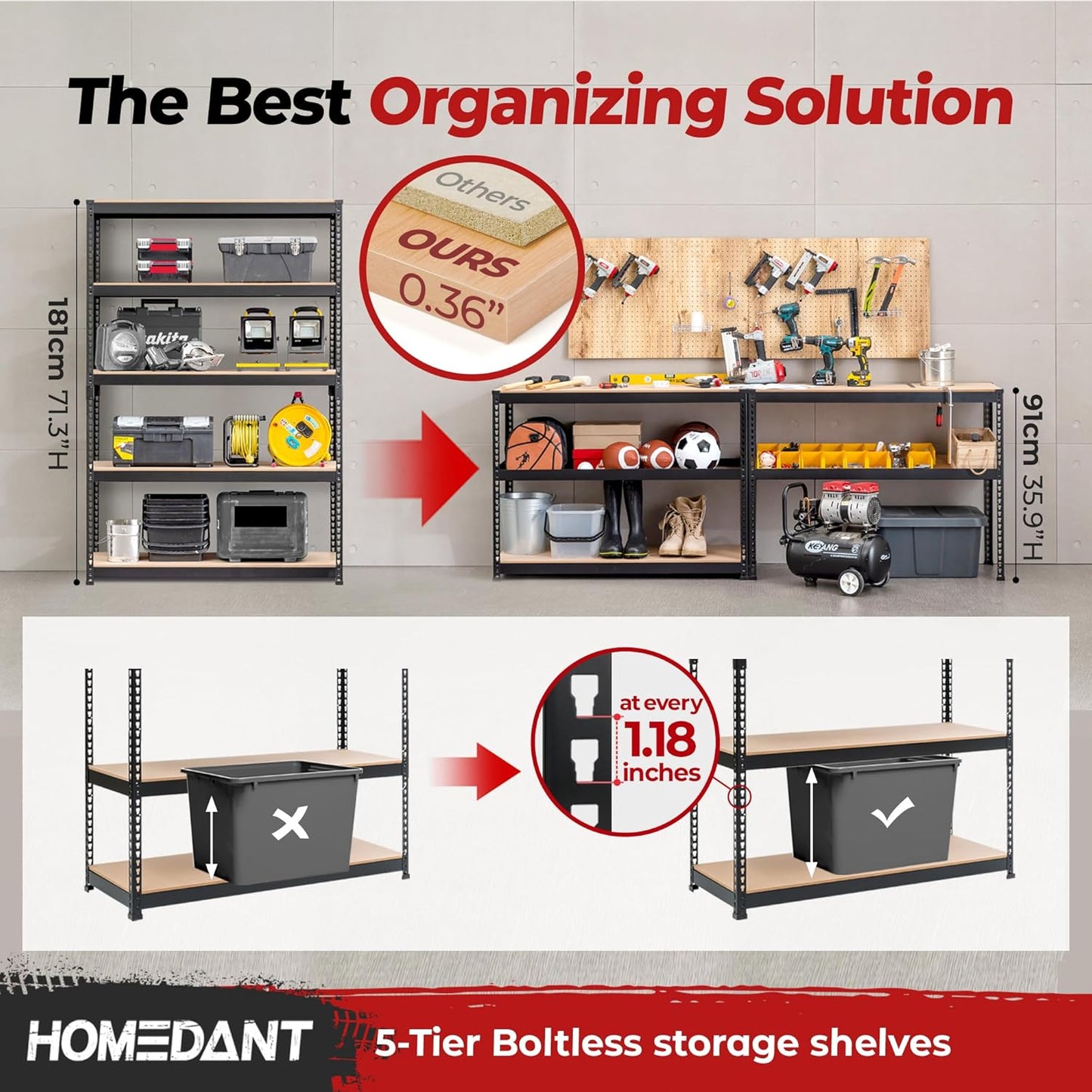 HOMEDANT 5 Tier Laminated Boltless Heavy Duty Garage Storage Adjustable Wide Size Metal Shelving Unit Utility Rack Shelves Organization Multipurpose Shelf Shed Warehouse 47.7"W x 18.2"D x 71.3"H 2Pack