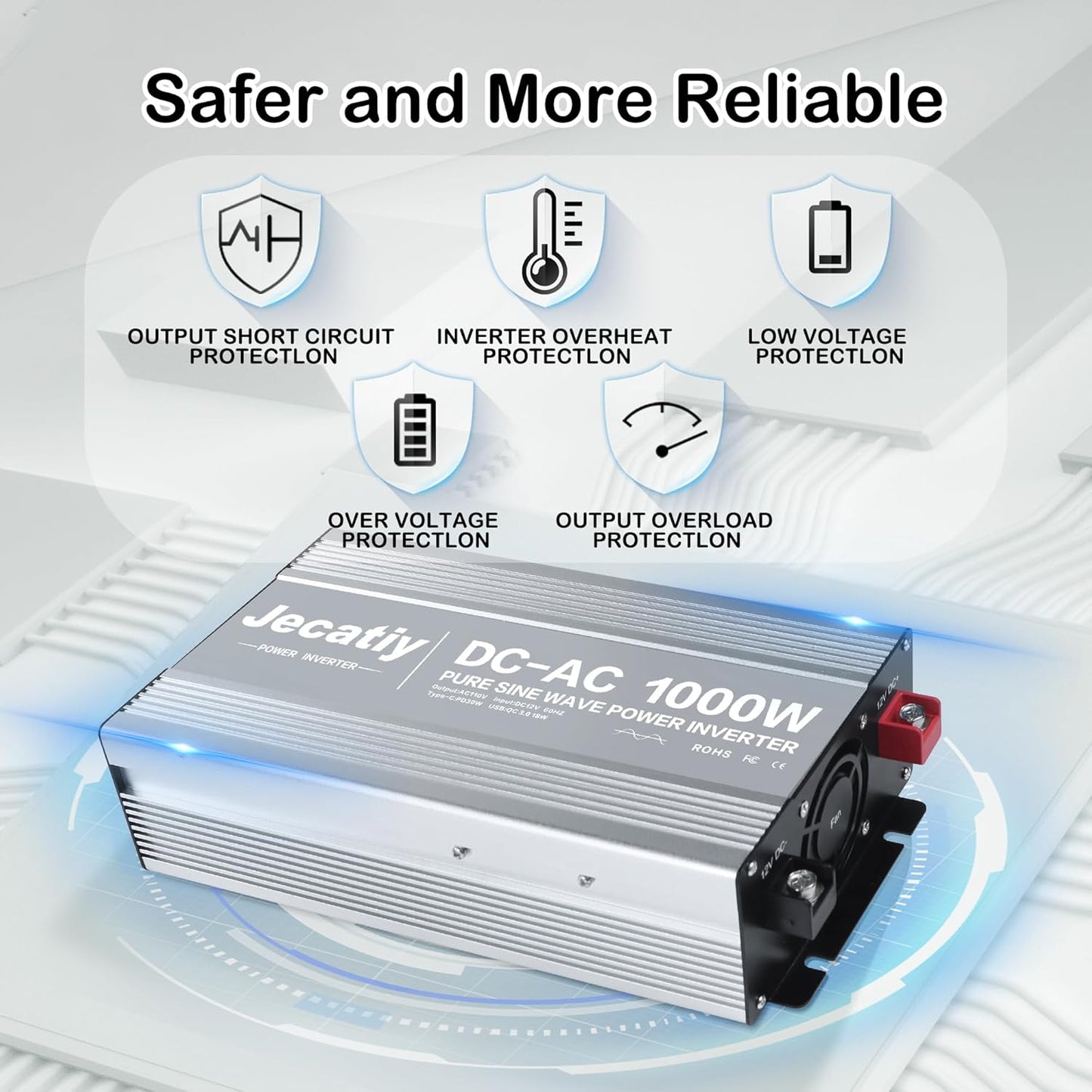 2AC 1000W Pure Sine Wave Inverter, Convert DC 12V to AC 110V 120V, 18W USB, and 30W Type-C Charging Ports, Car Solar Power Inverters for Truck, Home, Vehicles, RV