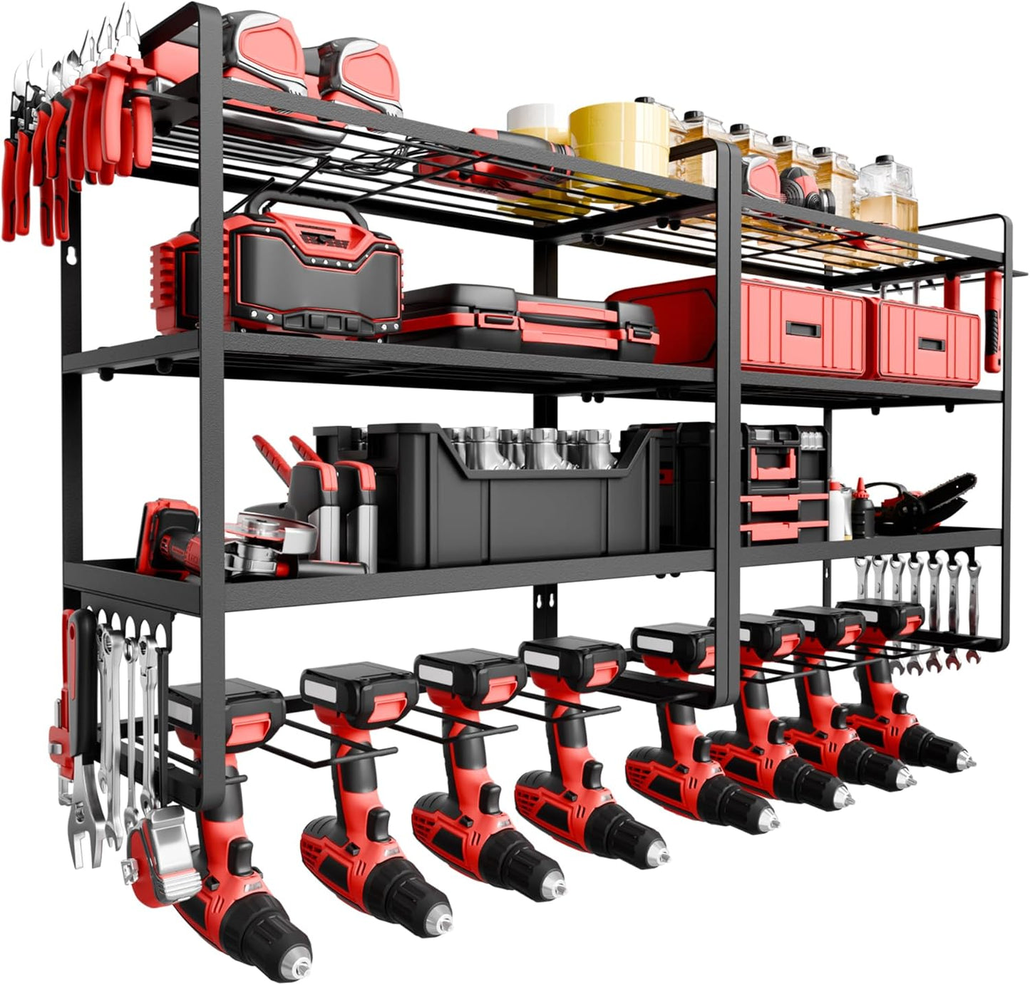 NINAT Heavy Duty 4-Tier Wall Mount Tool Organizer Rack - 8 Drill Holders, 150lb Capacity for Power Tools, Cordless Drills | Garage, Workshop, Shed & Basement Storage Solution