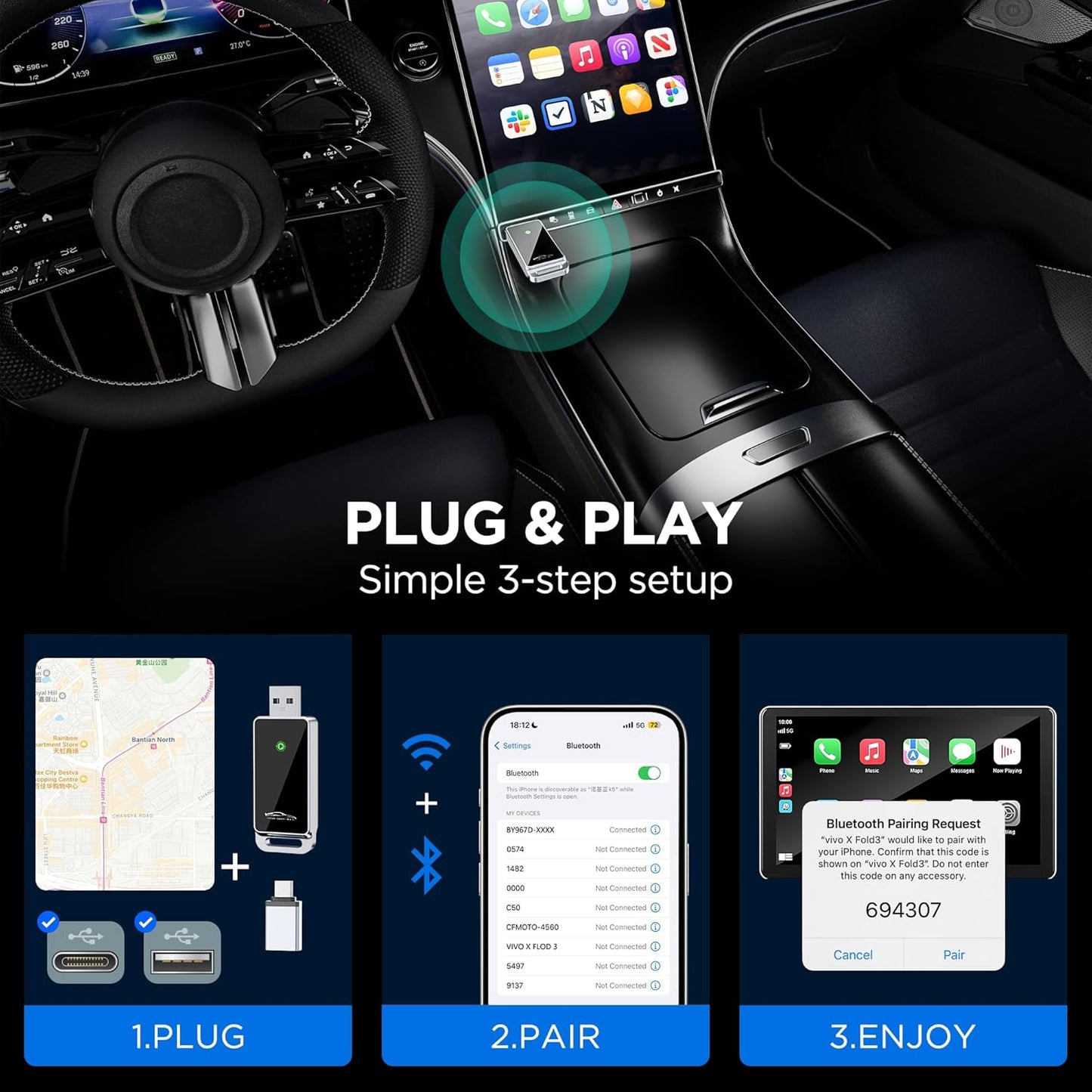 Wireless CarPlay Adapter 2024 Upgrade, Plug and Play, No Latency, Converts Factory Wired to Wireless, Compatible with iPhone 6+ and 2015+ Cars, Bluetooth 2.4GHz and Wi-Fi 2.4+5.8GHz