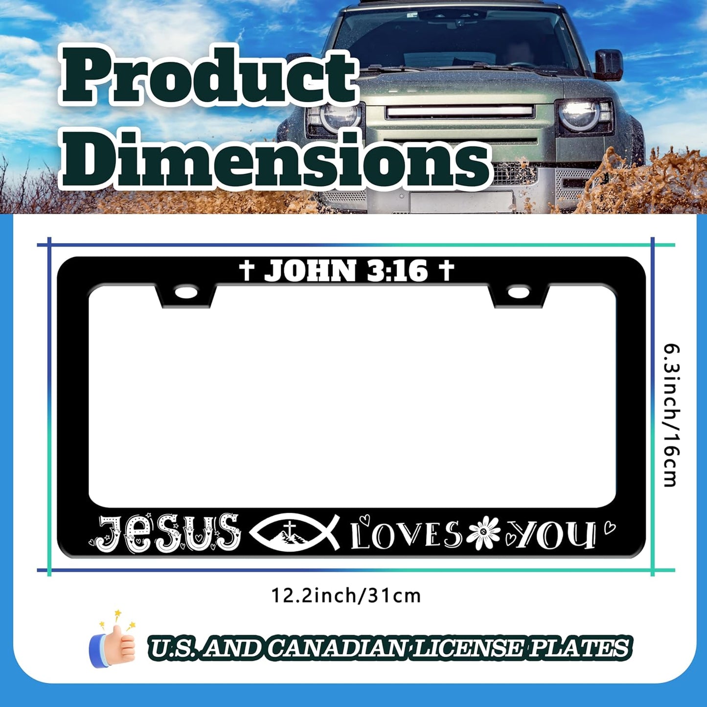 John 3:16 License Plate Frame Jesus Loves You License Plate Holder Christian Cross for Front or Rear Car Tags Stainless Steel Funny Car Decoration with Screws 6.3 X 12.2 in