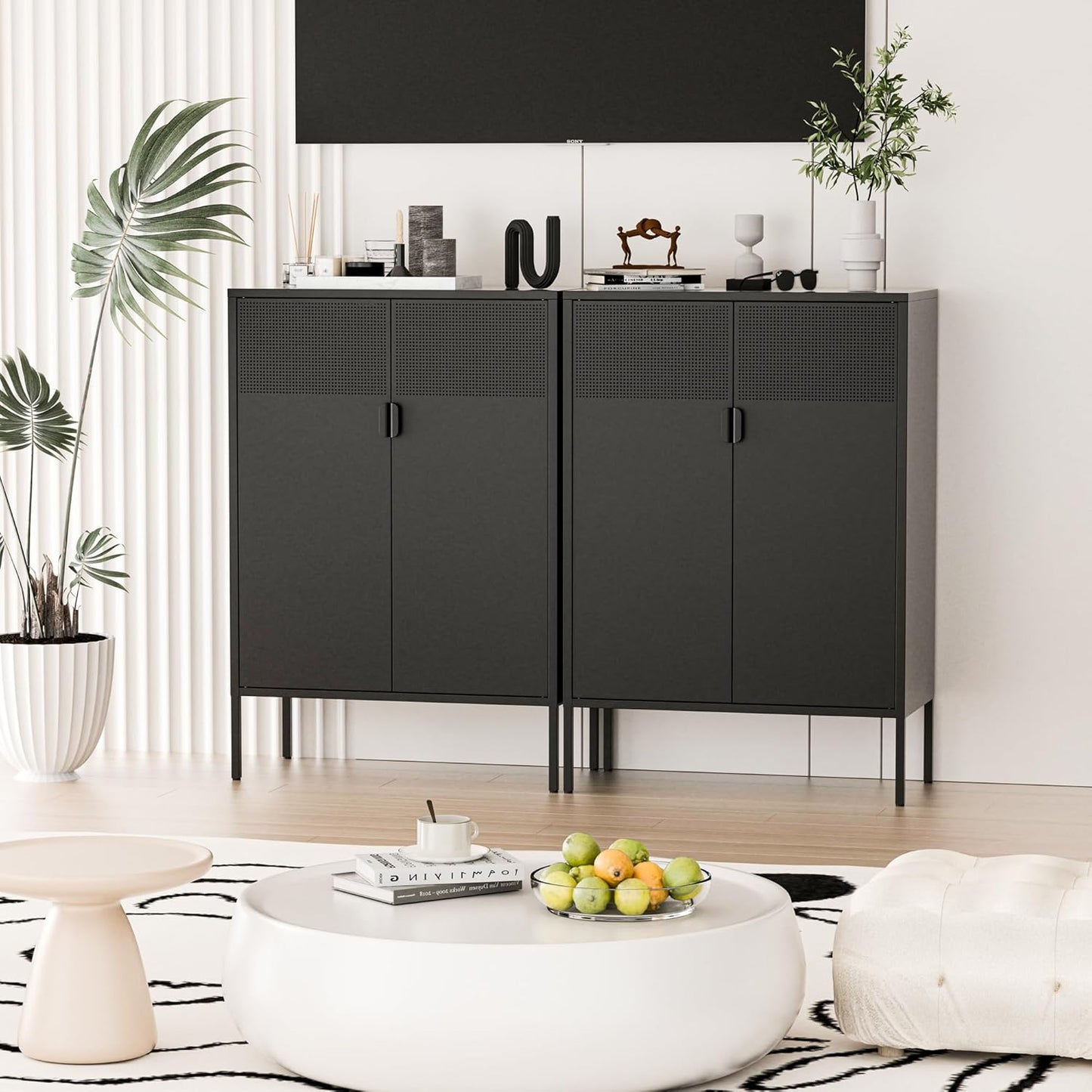 2 Mesh Door Metal Storage Cabinet with Adjustable Shelves, Multipurpose Black Storage Cabinet, 3-Tier Office Cabinet,Metal Storage Cabinet for Office Home,Hallway(Black, 47''H)