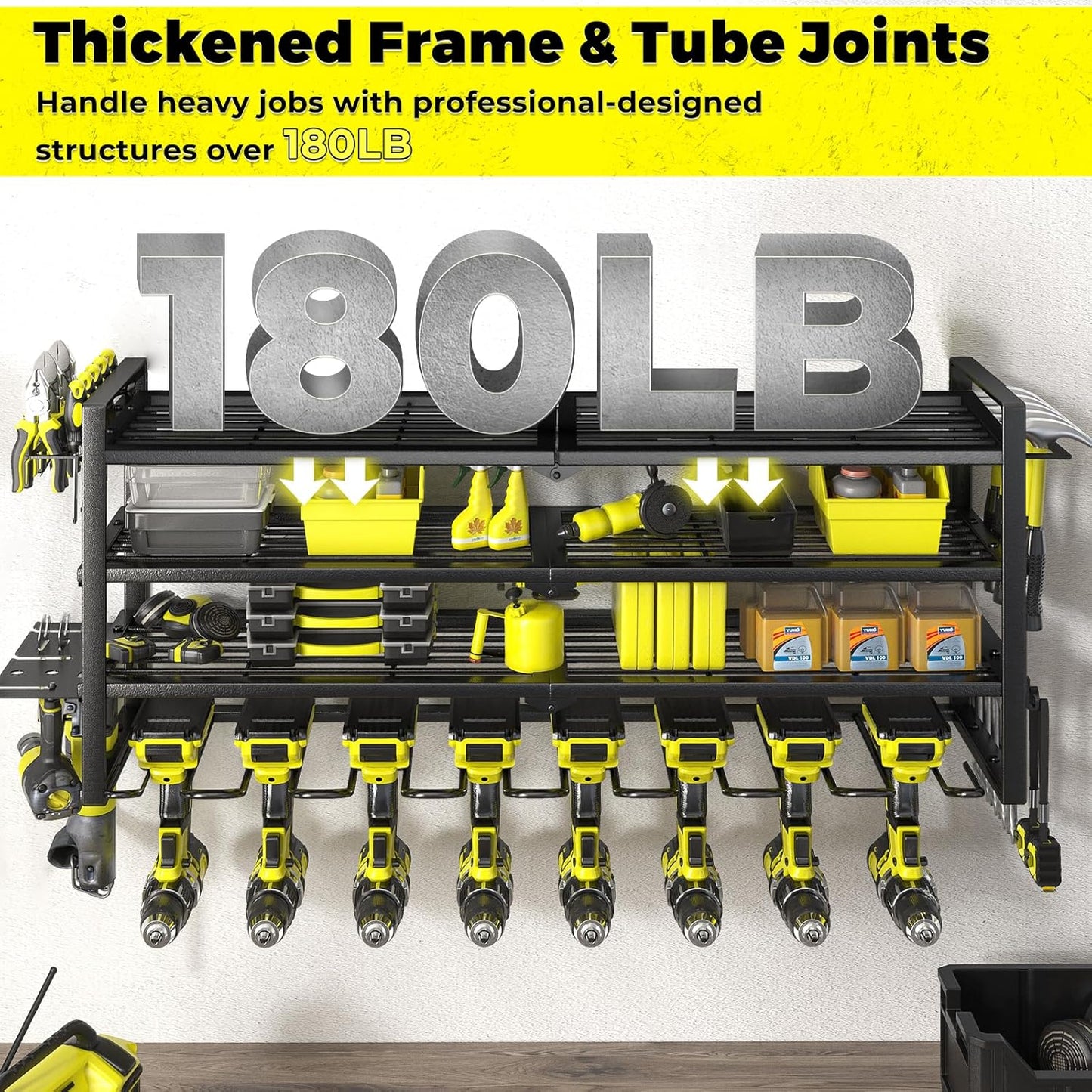 KAFAHOM Power Tool Organizer-8 Drill Holder Wall Mount，Tool Organizer and Storage rack for Garage Organization， Heavy Duty Metal Tool Shelf with Air tool/Screwdriver/Hammer/Plier Holder