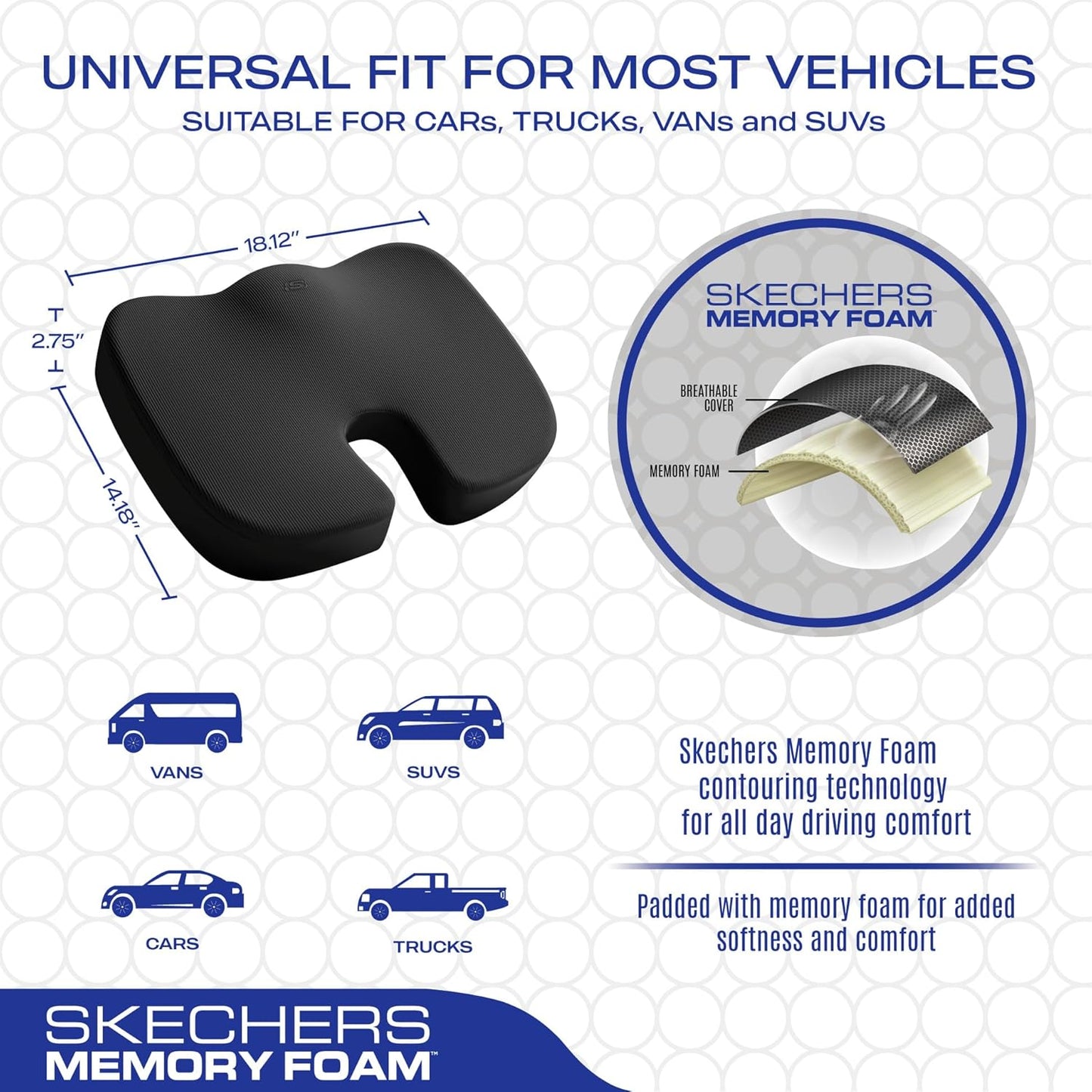 Skechers Memory Foam Seat Cushion,Office Chair Cushion for Tailbone Pain Relief,Butt Pillow for Office Chair,Car seat Cushion,Computer Desk,Long Sitting Office Workers,and Car Drivers,Black